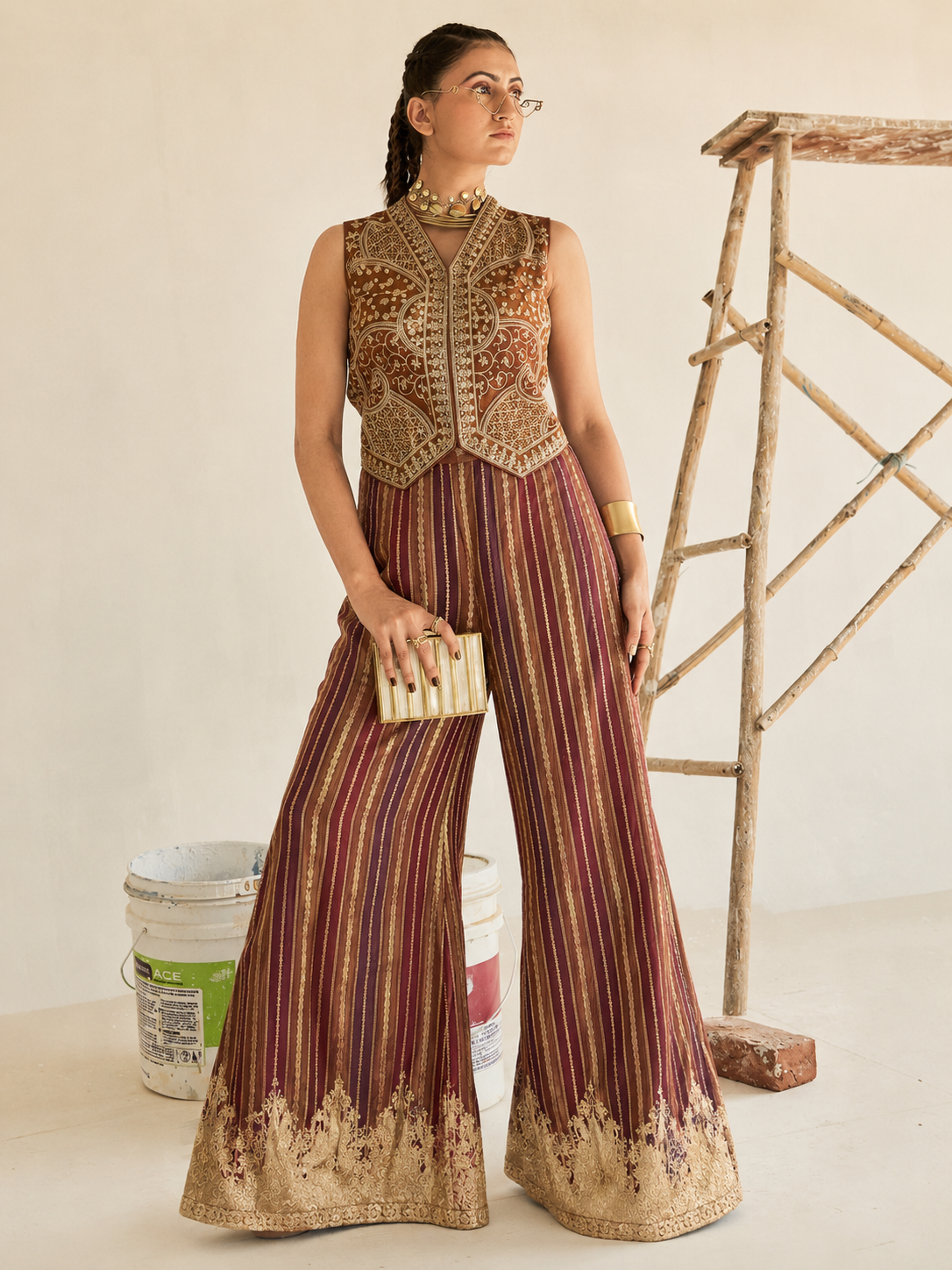 Brown Silk Embroidered Ethnic Co-Ord Set