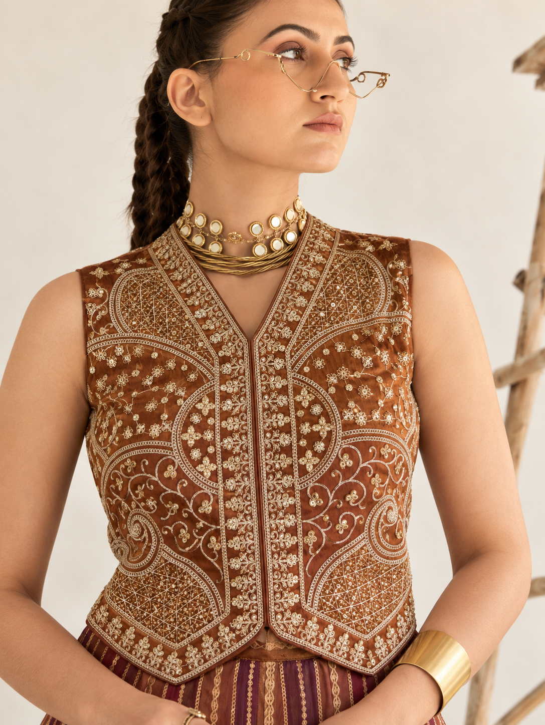 Brown Silk Embroidered Ethnic Co-Ord Set