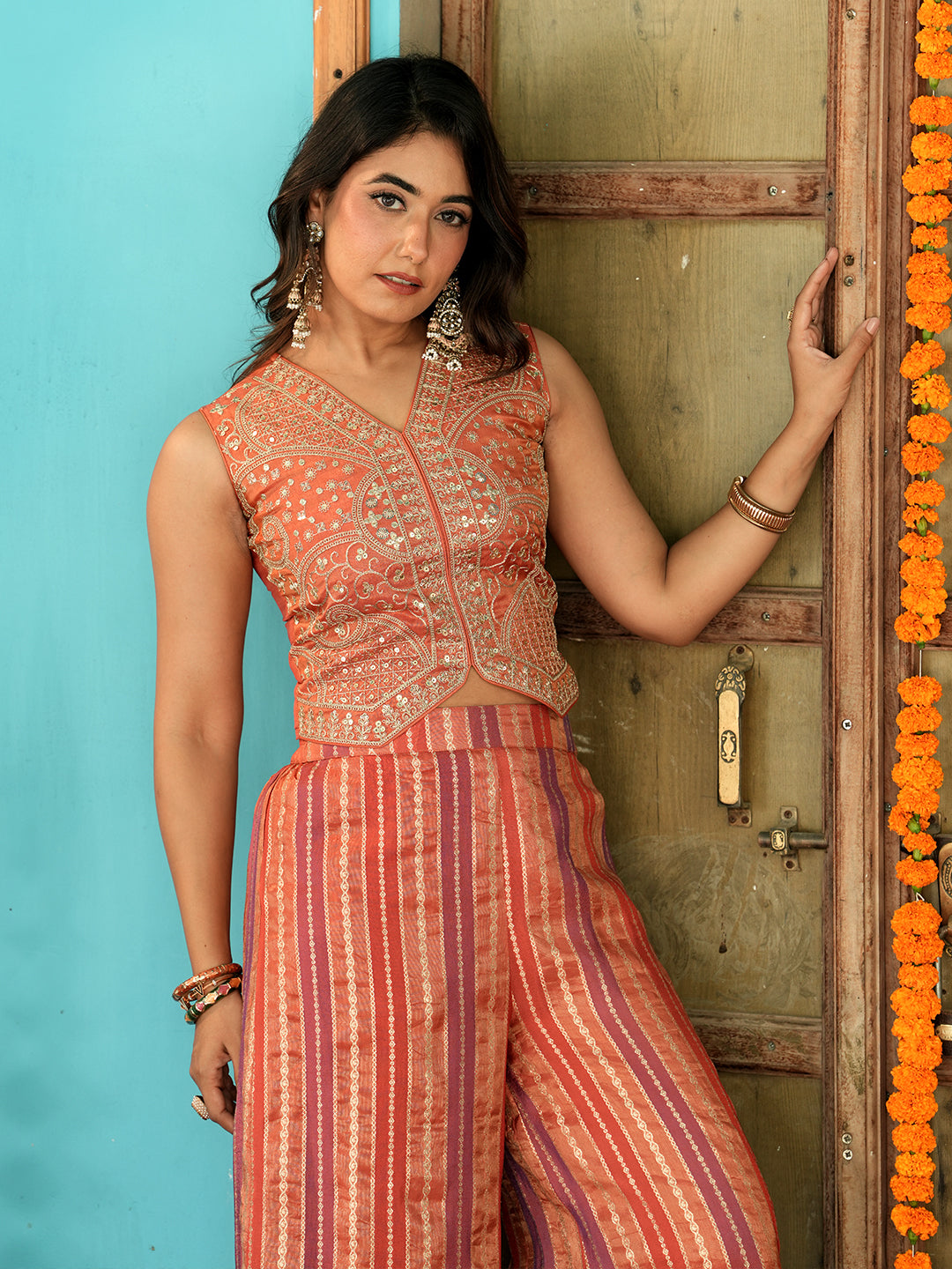 Women’s Peach Silk Embroidered Co-Ord Outfit