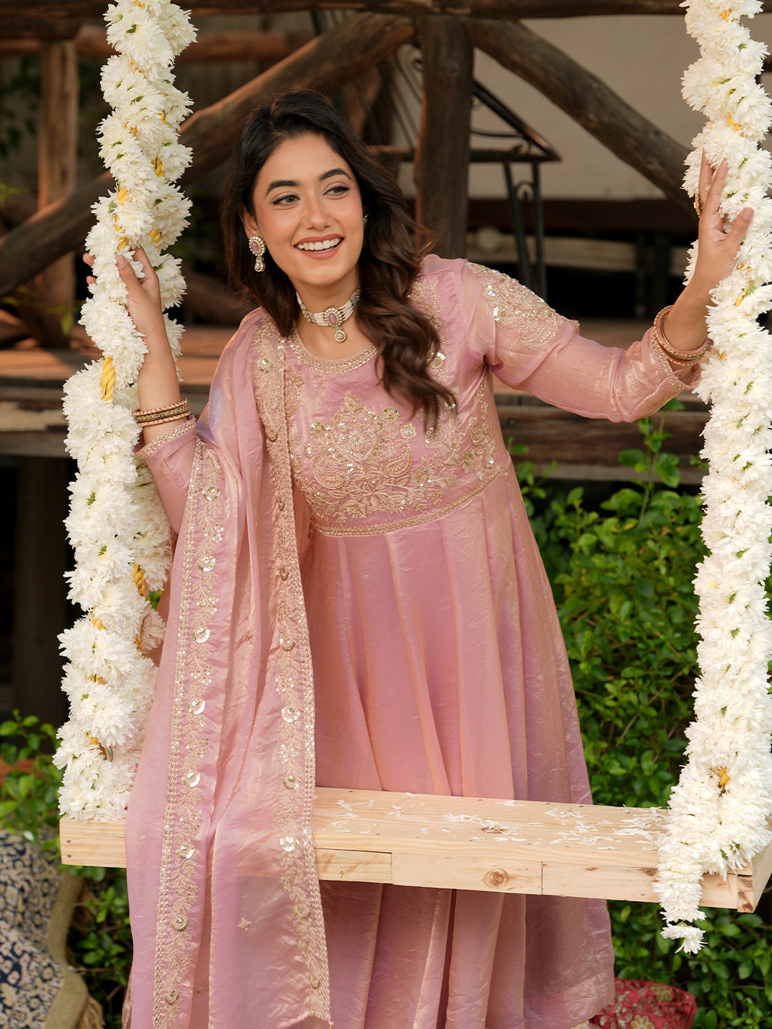 Pink Silk Embroidered Anarkali Set for Women