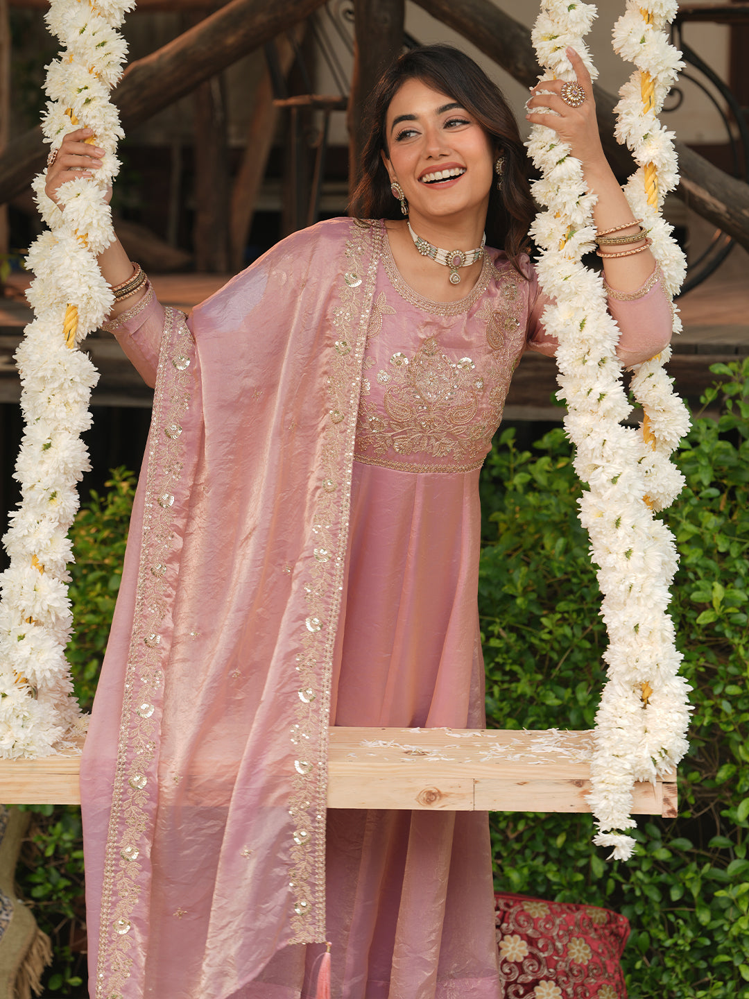 Pink Silk Embroidered Anarkali Set for Women