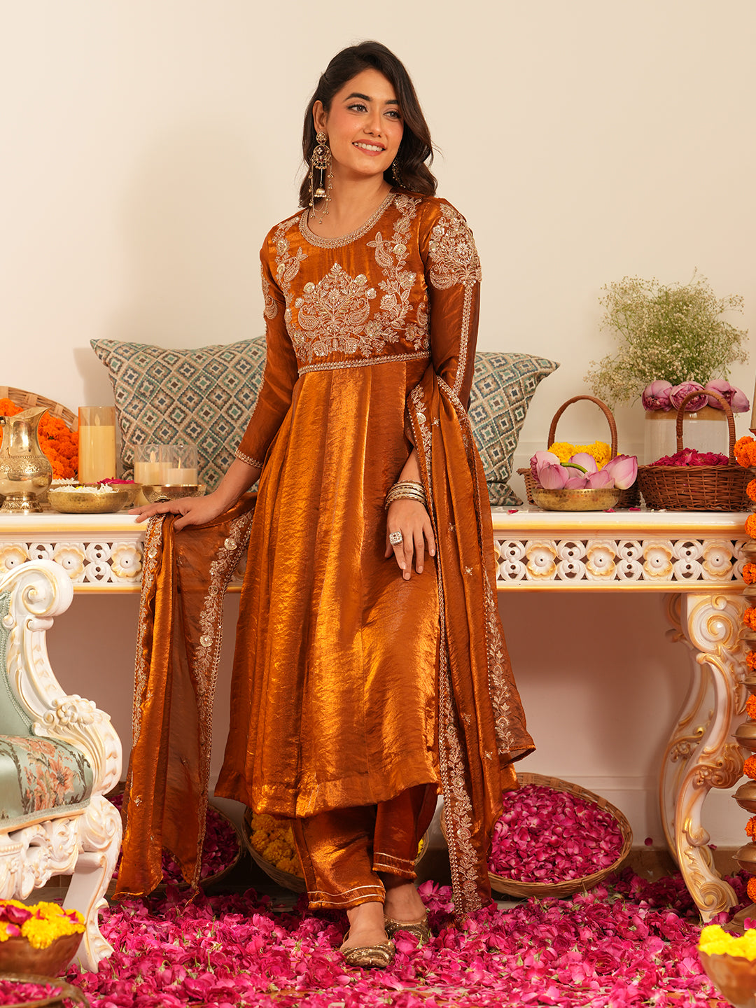 Women’s Rust Silk Embroidered Ethnic Anarkali Set
