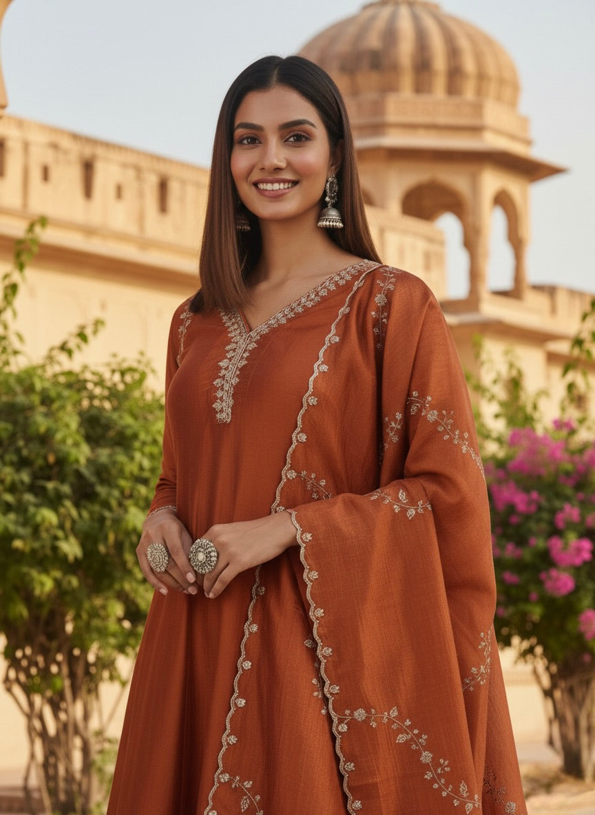 Rust Silk Embroidered Anarkali Kurta with Dupatta Set