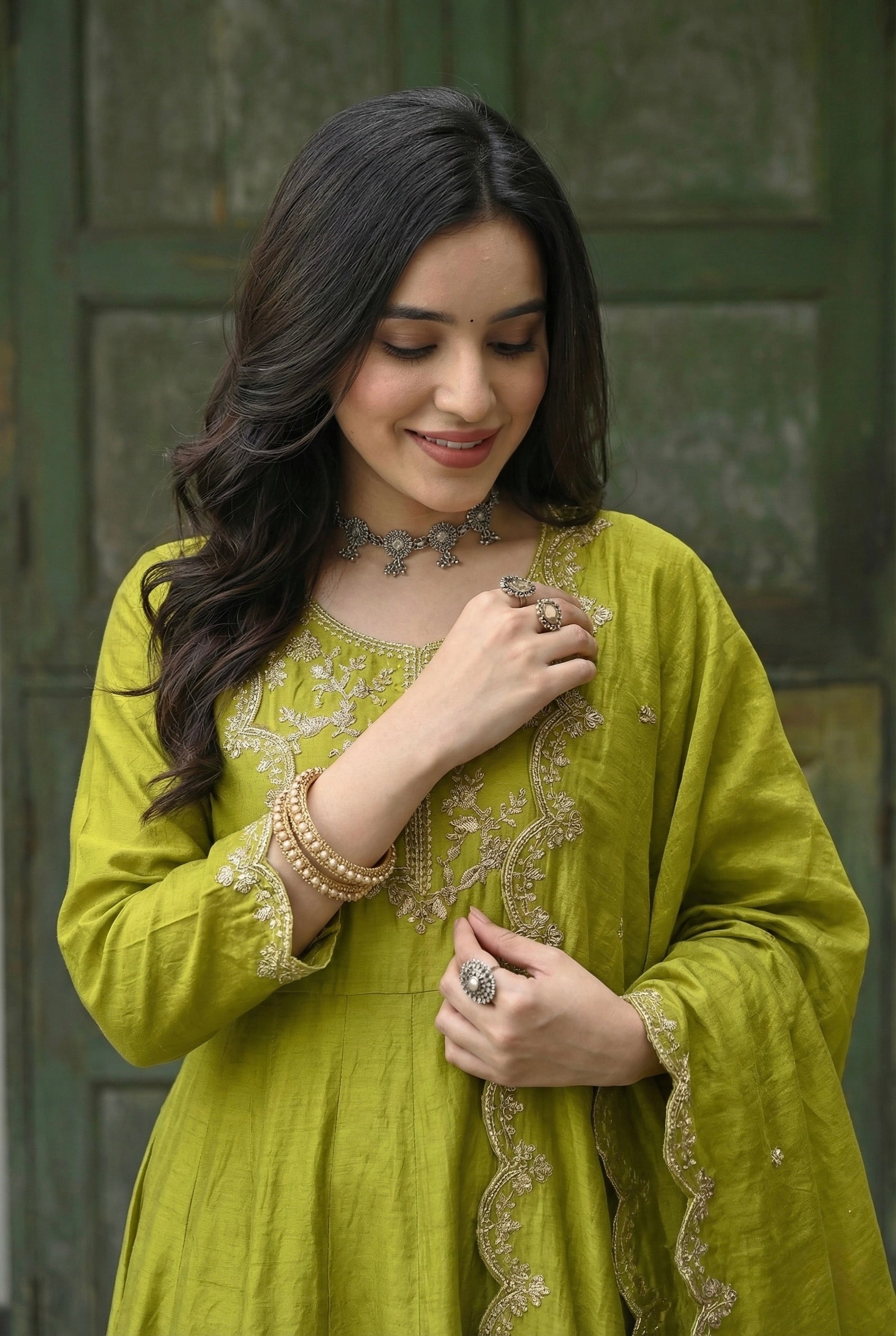 Green Silk Embroidered Anarkali Kurta And Dupatta set