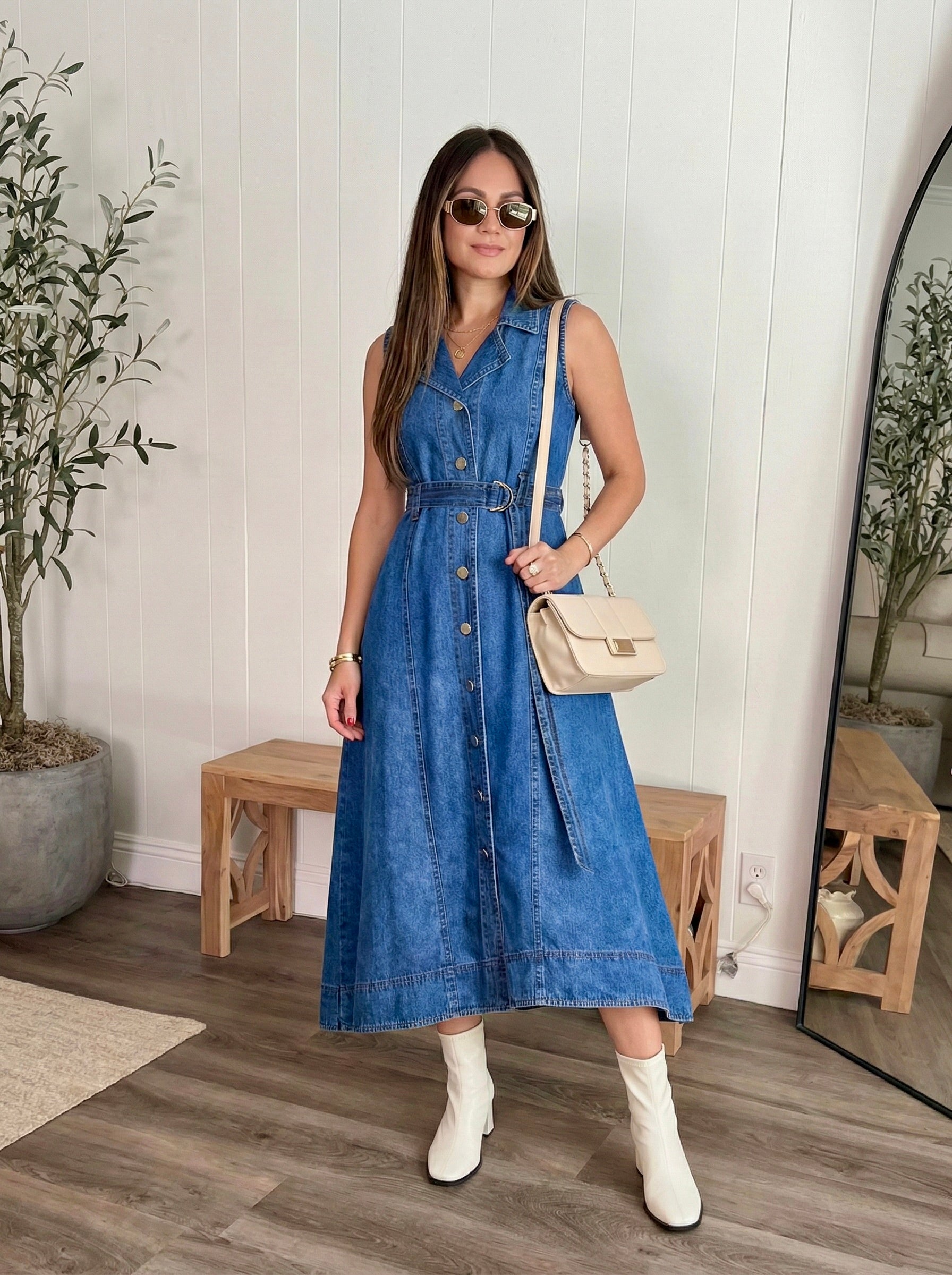 Blue Denim Sleeveless Denim Midi Dress with Belt for women