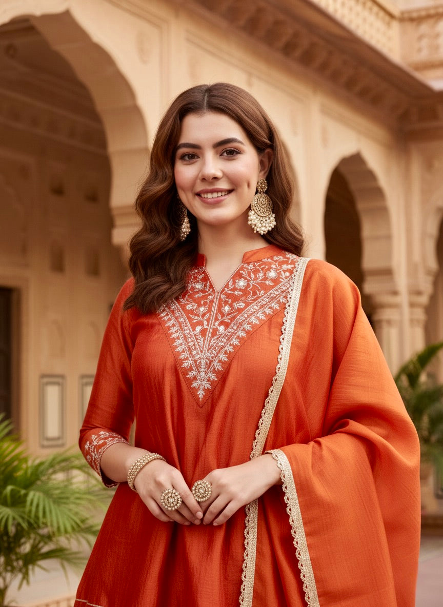 Orange Silk Embroidered Kurta Sharara Suit With Dupatta