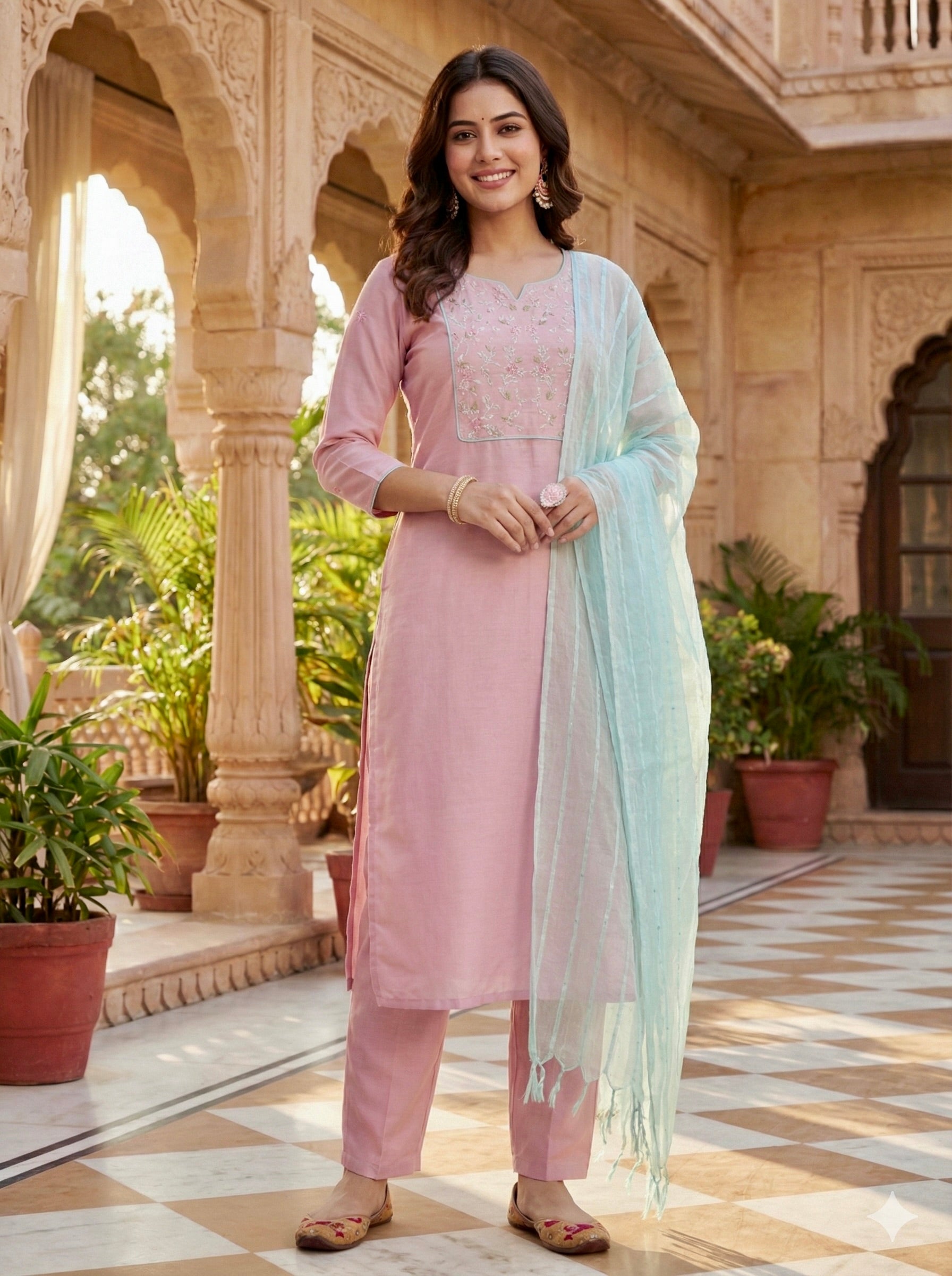 Pink Embroidered Chinon Kurta with Dupatta Set for womens