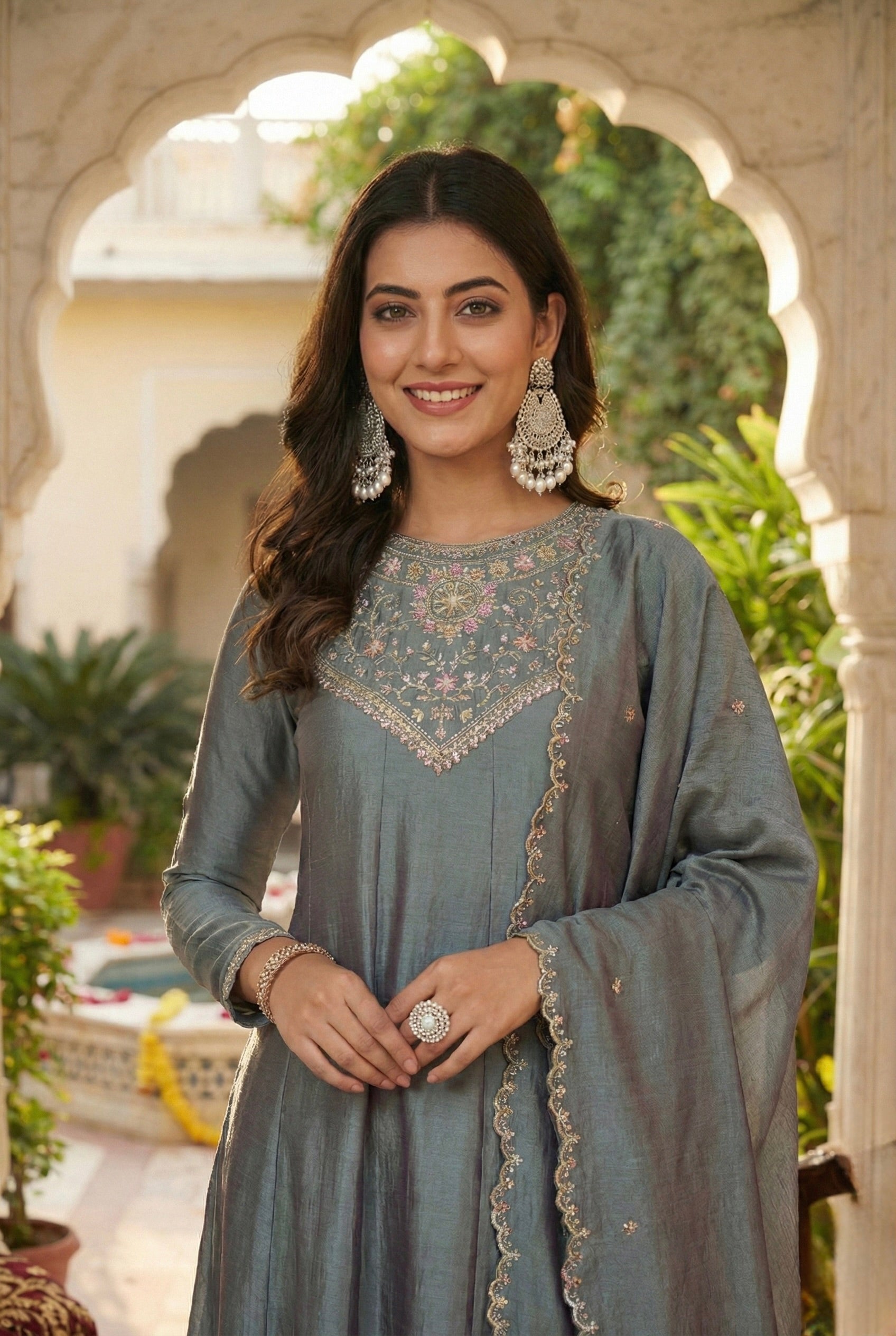 Olive Green Embroidered Silk Anarkali Kurta With Dupatta Set