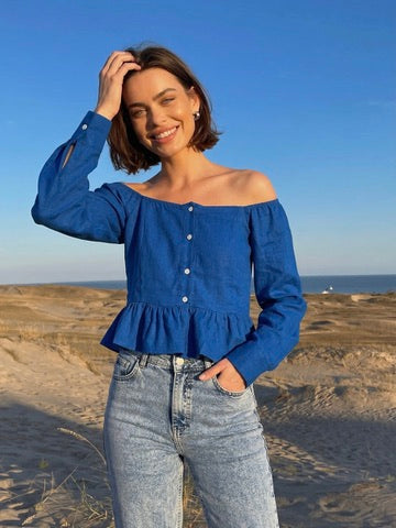 Blue Cotton Off-Shoulder Peplum Top for Women