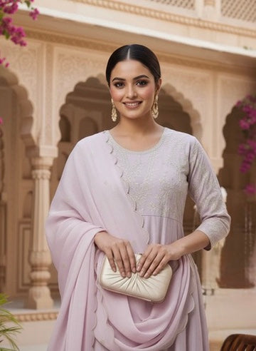 Purple Embroidered Silk Anarkali Kurta With Dupatta Set