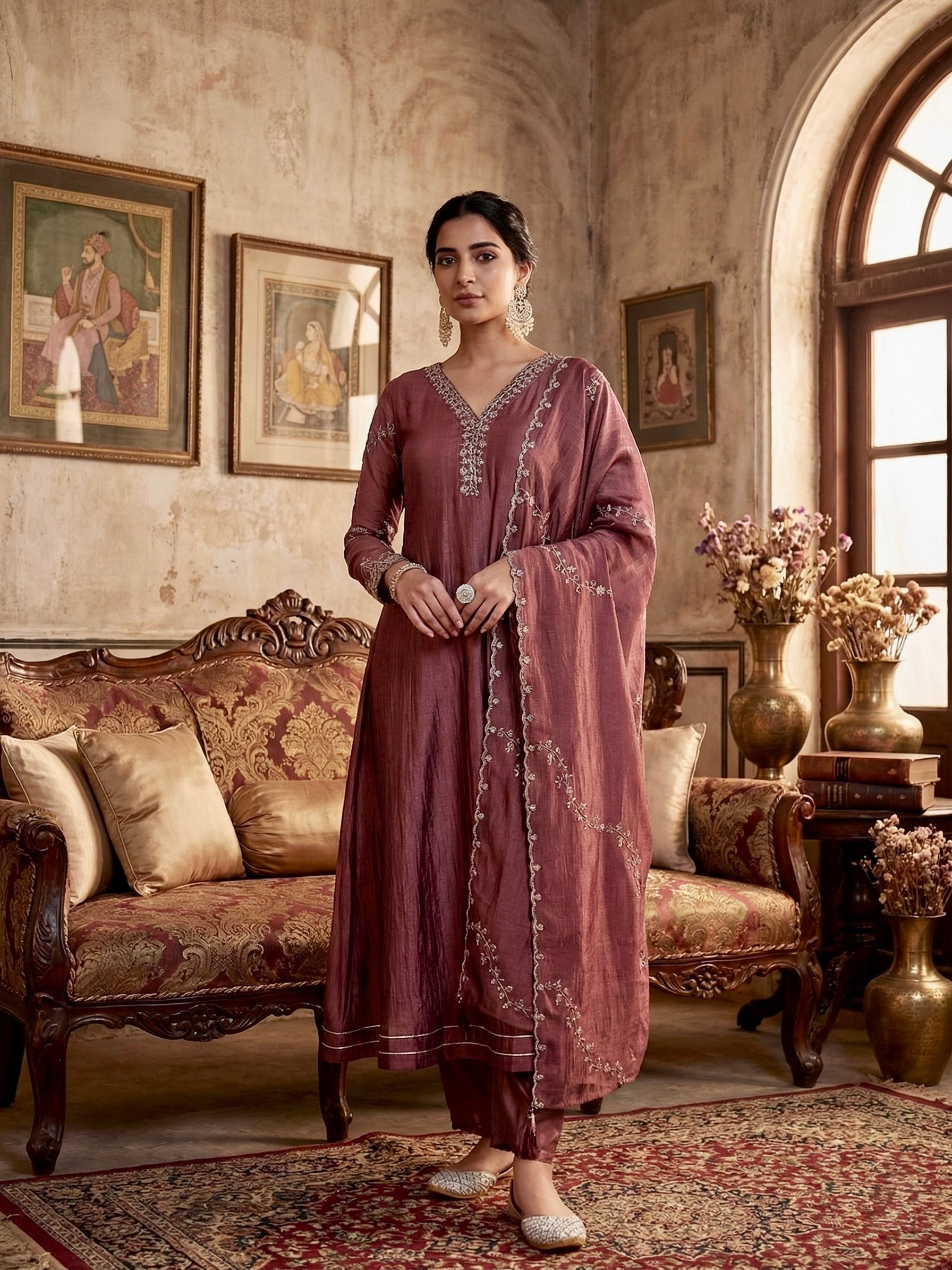 Maroon Silk Embroidered Anarkali Kurta with Dupatta Set