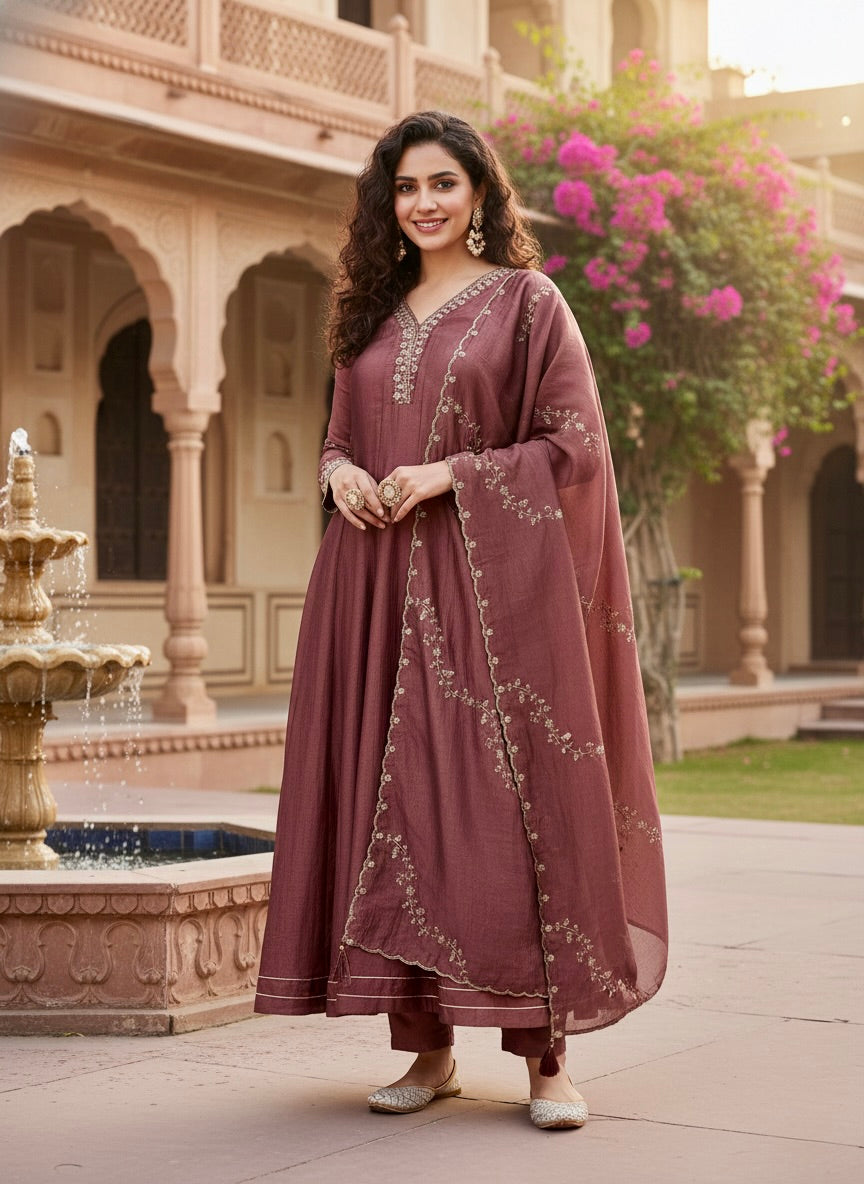 Maroon Silk Embroidered Anarkali Kurta with Dupatta Set