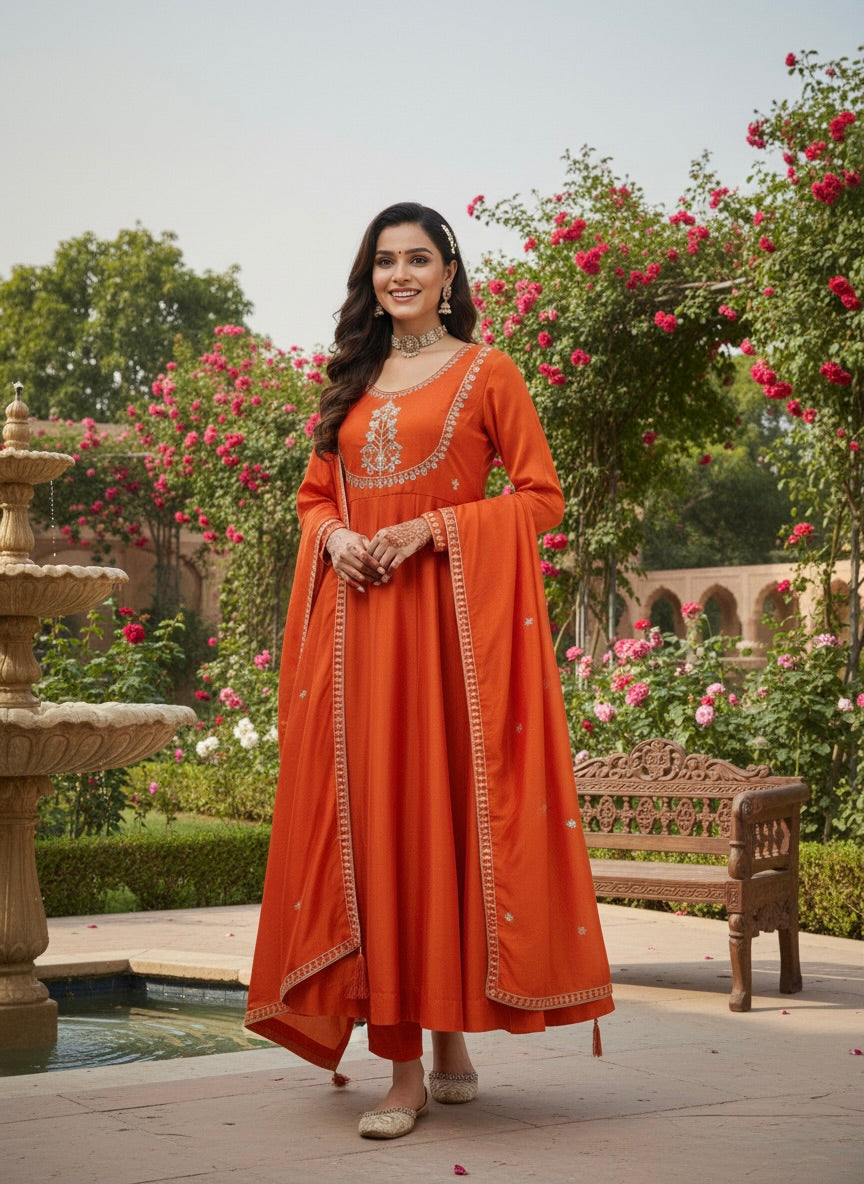 Orange Embroidered Silk Anarkali Kurta With Dupatta Set