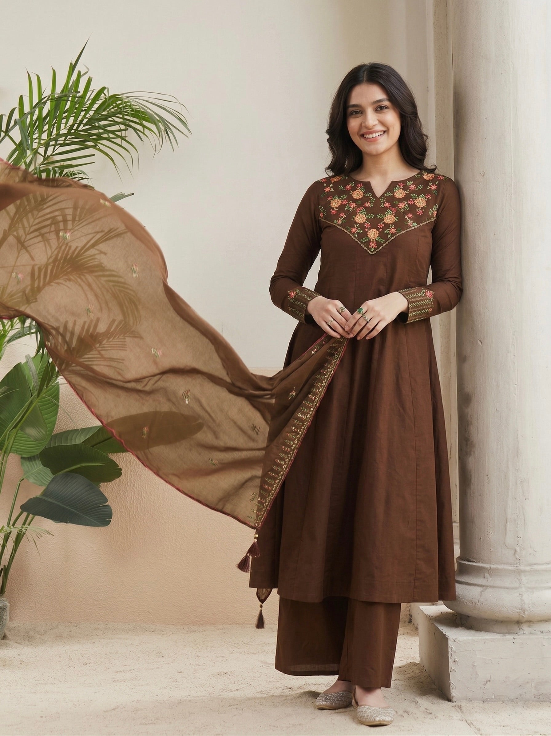 Coffee Cotton Anarkali Kurta with Dupatta & Pants For Women