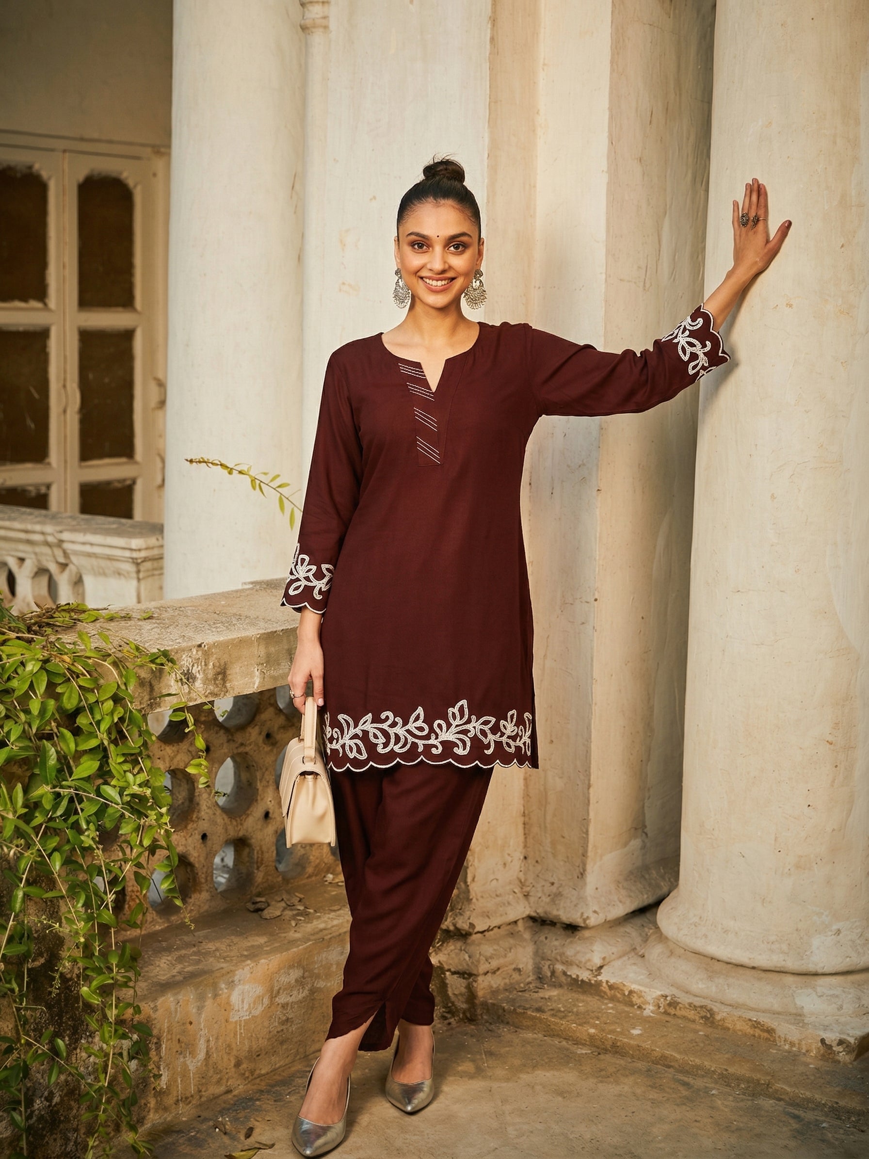 Coffee Rayon Embroidered Co-ord Set for Women