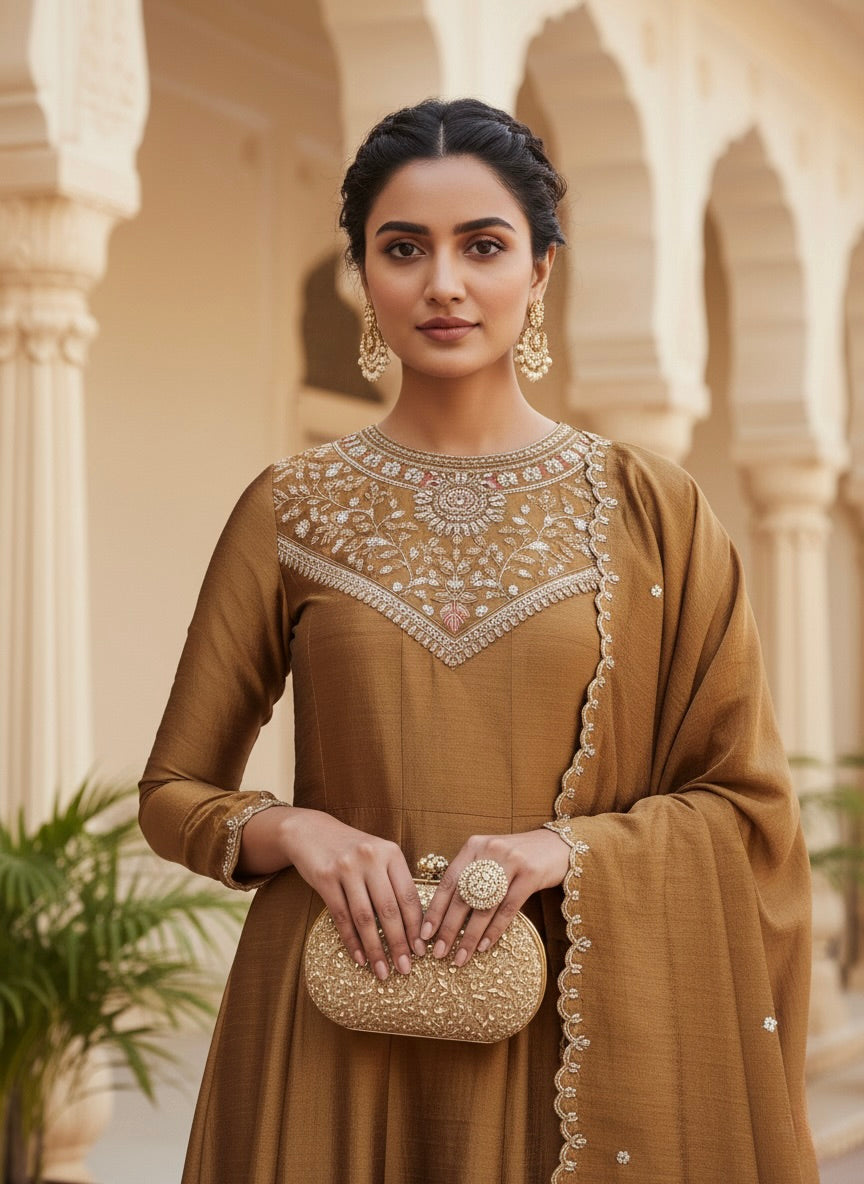 Golden Embroidered Silk Anarkali Kurta With Dupatta Set