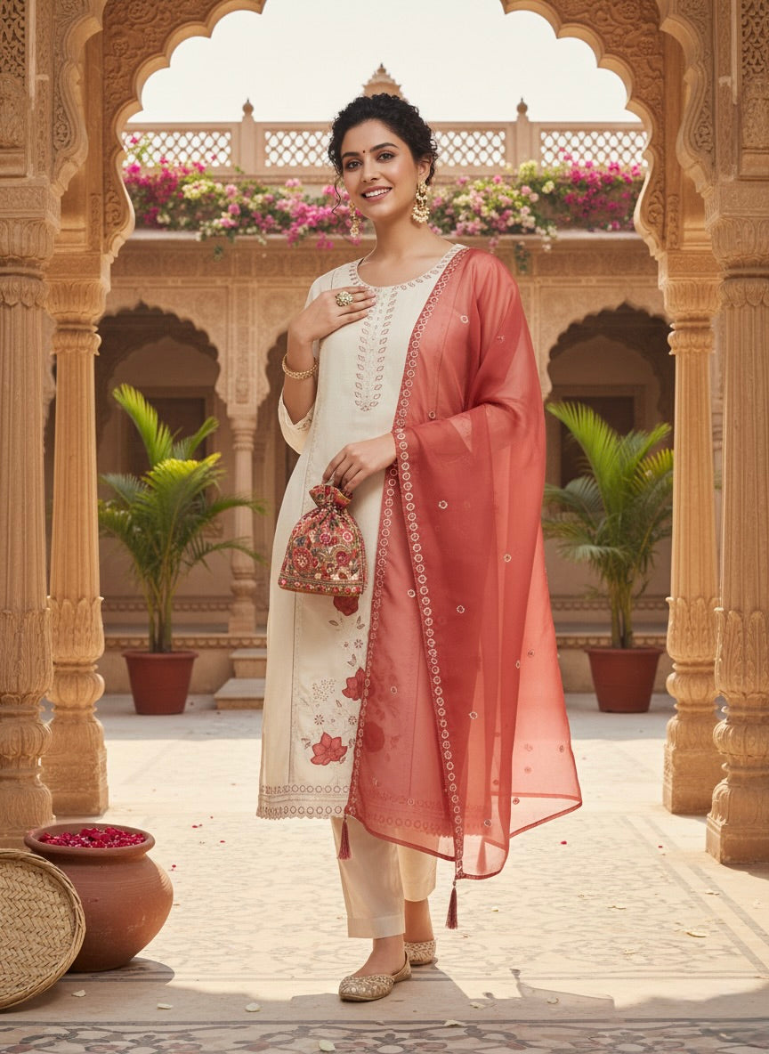 Cream Embroidered Silk Kurta with Dupatta Set