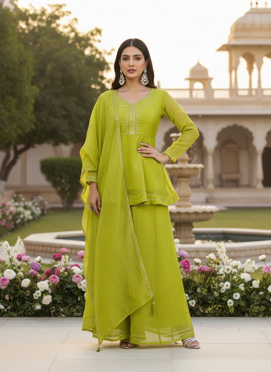 Neon Embroidered Peplum Top with Sharara Set