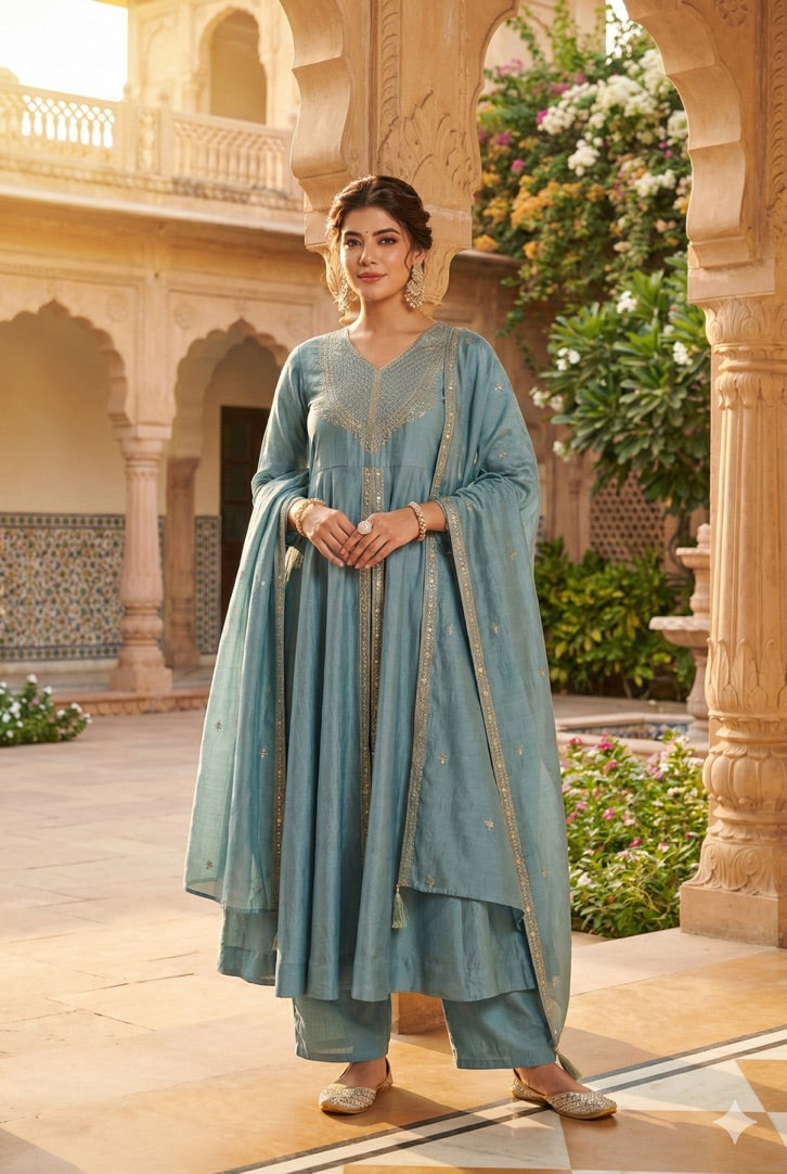 Sky Blue Silk Embroidered Anarkali Kurta With Dupatta Set for Women