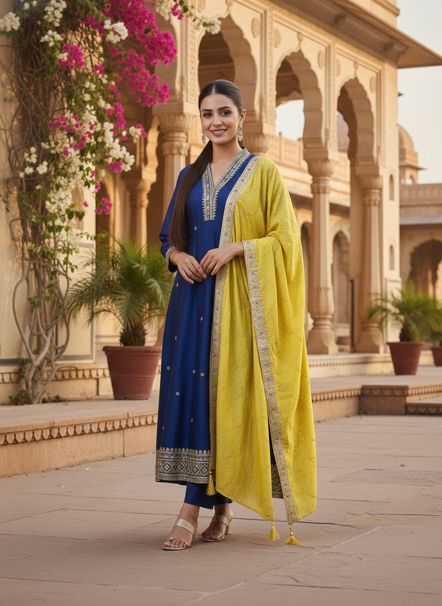 Teal Blue Embroidered Silk Anarkali Kurta With Dupatta Set