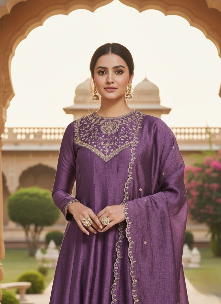 Dark Lavender Embroidered Silk Anarkali Kurta With Dupatta Set