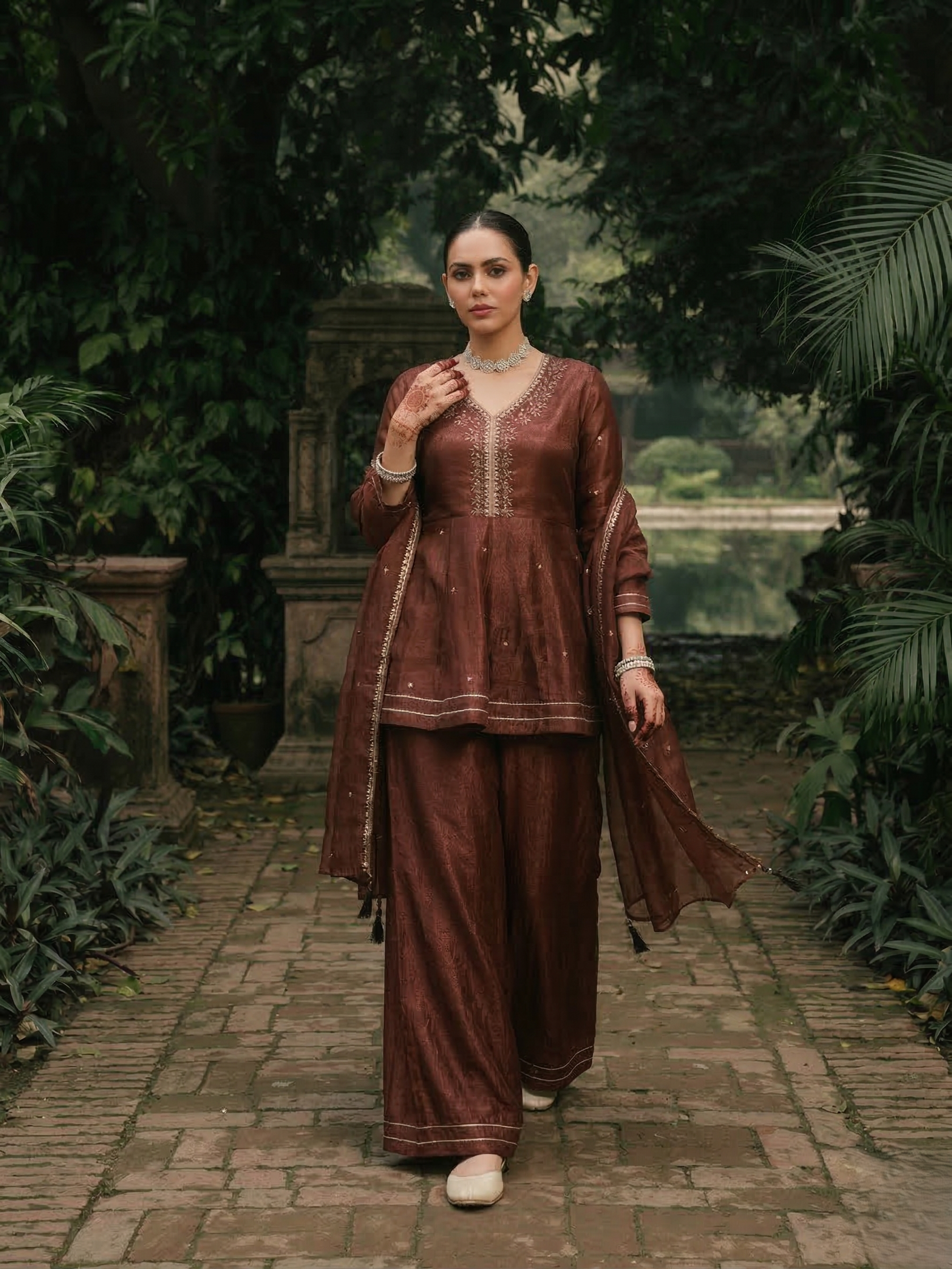 Coffee Embroidered Peplum Top with Sharara Set