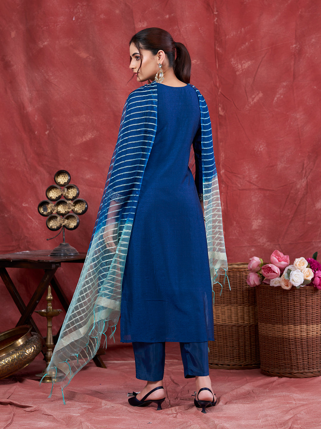 Teal Blue Embroidered Silk Kurta with Dupatta Set