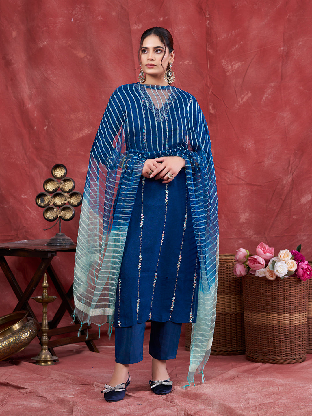 Teal Blue Embroidered Silk Kurta with Dupatta Set