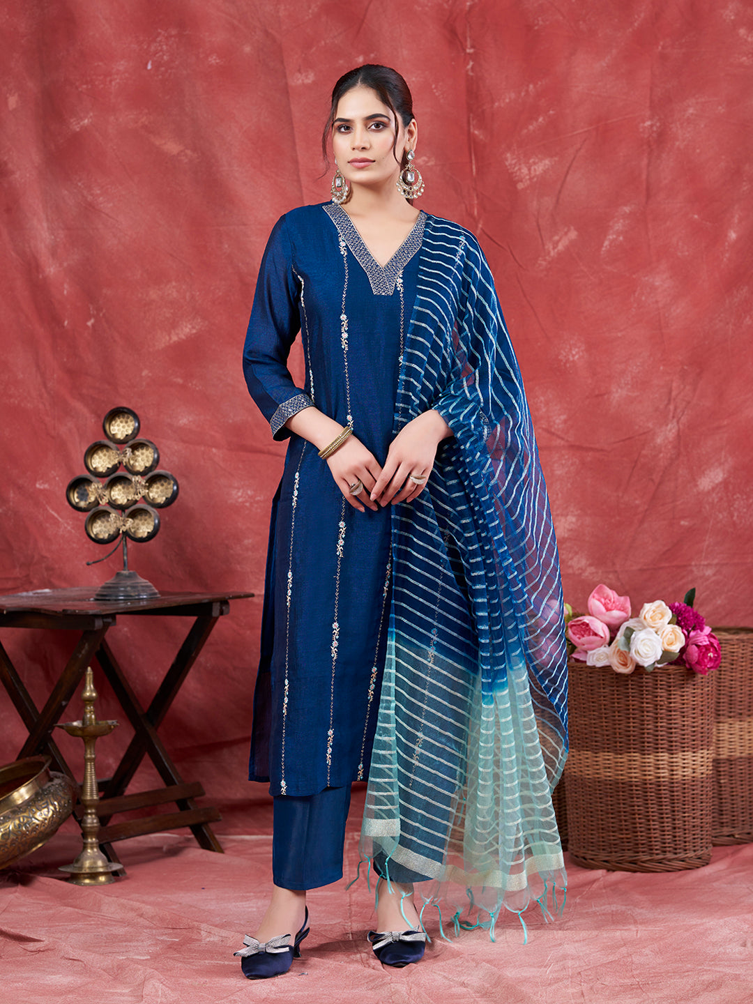 Teal Blue Embroidered Silk Kurta with Dupatta Set
