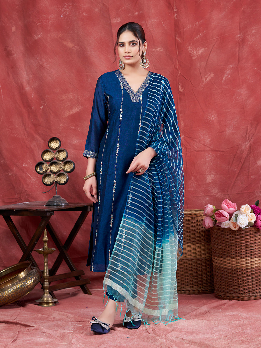 Teal Blue Embroidered Silk Kurta with Dupatta Set