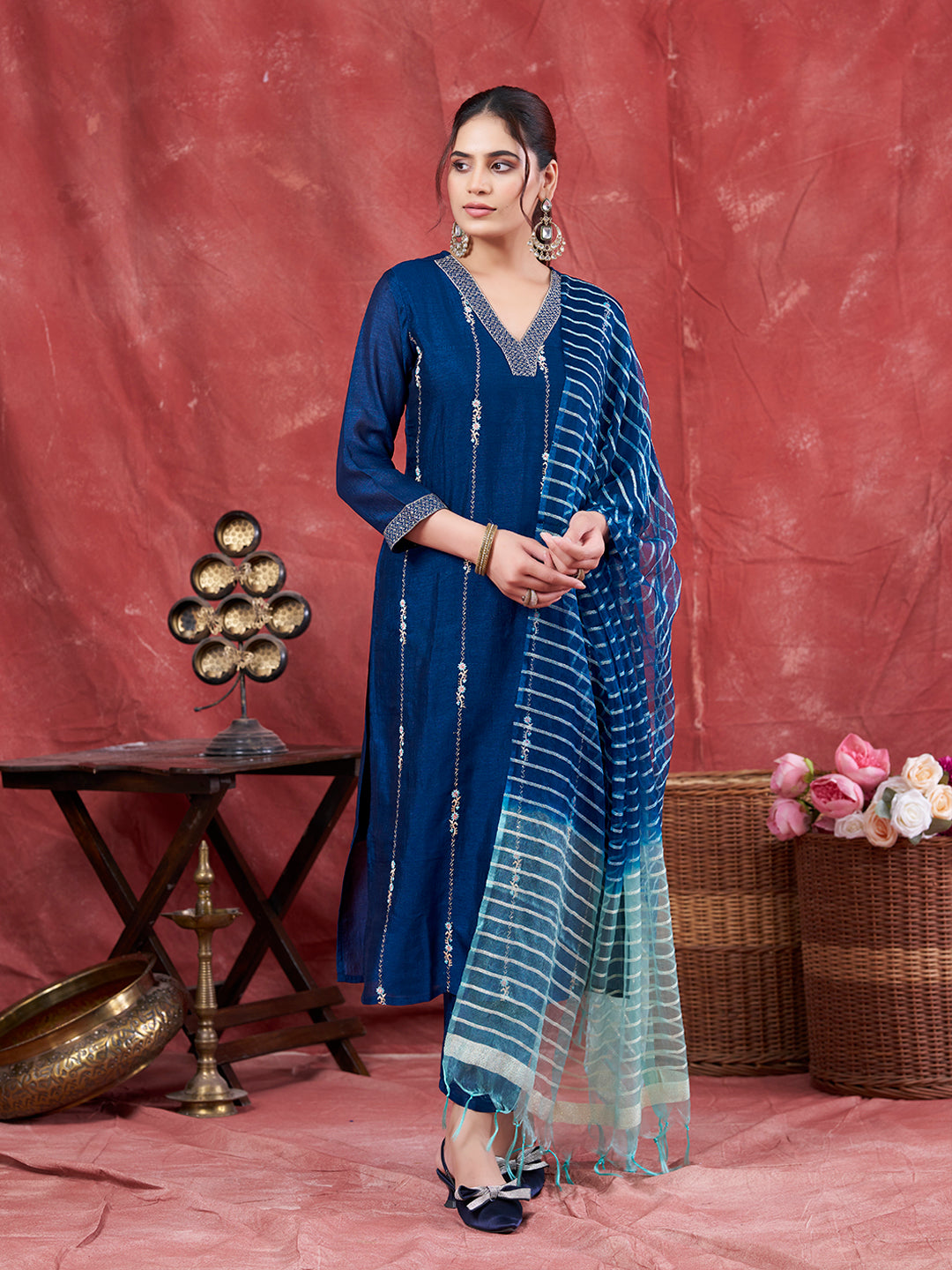Teal Blue Embroidered Silk Kurta with Dupatta Set