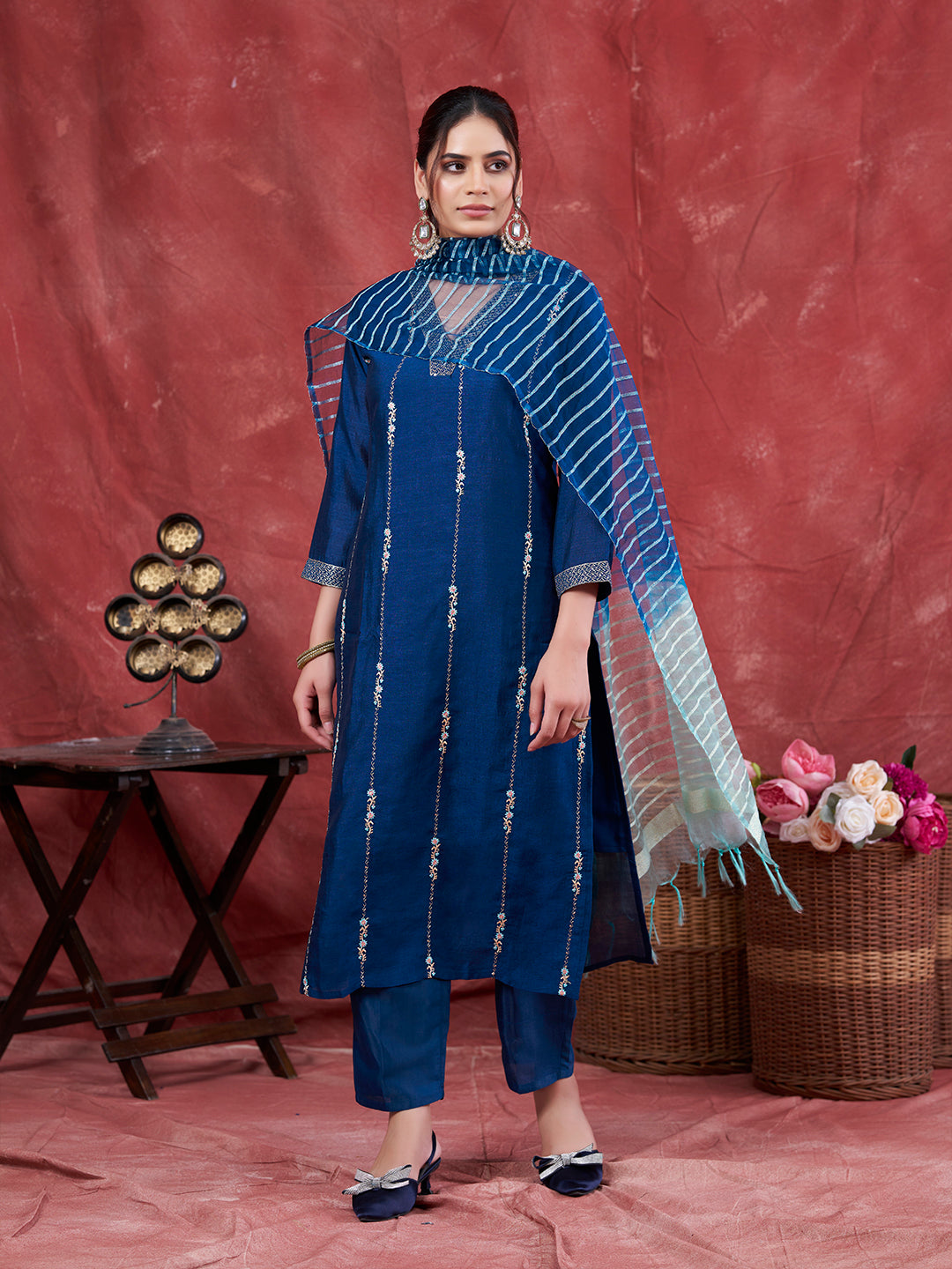 Teal Blue Embroidered Silk Kurta with Dupatta Set