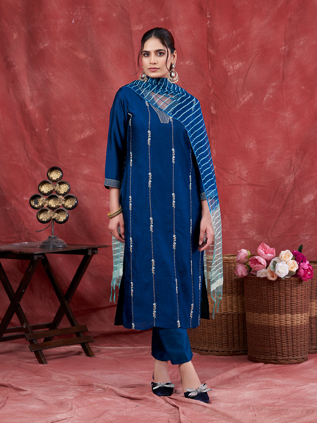 Teal Blue Embroidered Silk Kurta with Dupatta Set