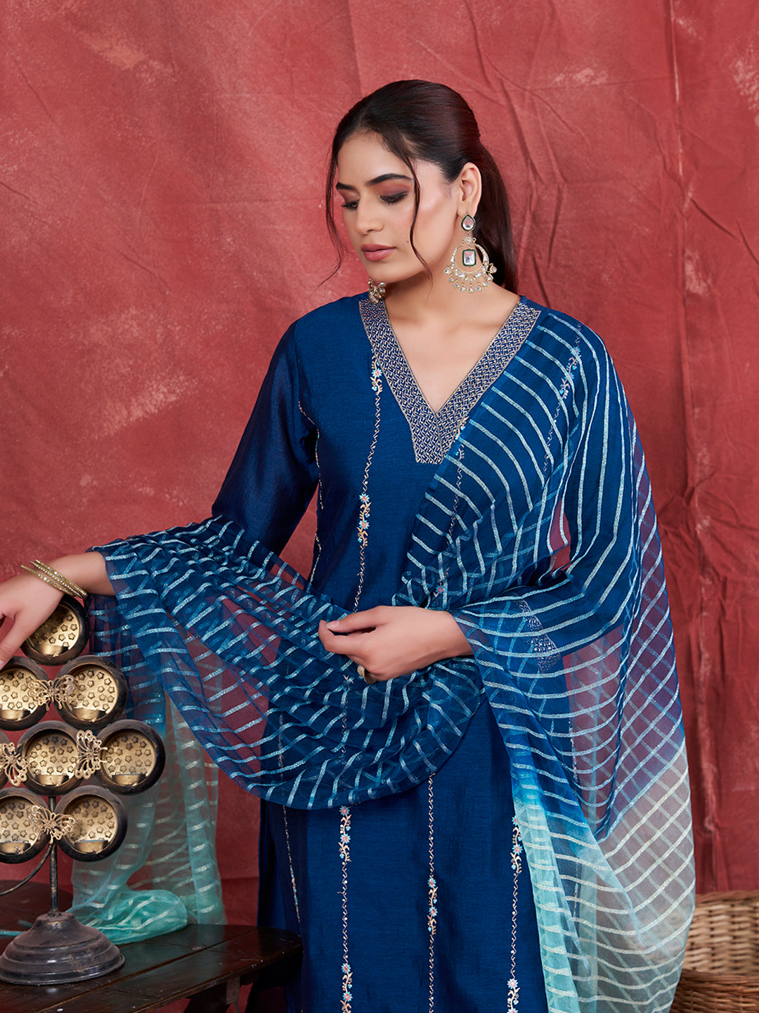 Teal Blue Embroidered Silk Kurta with Dupatta Set
