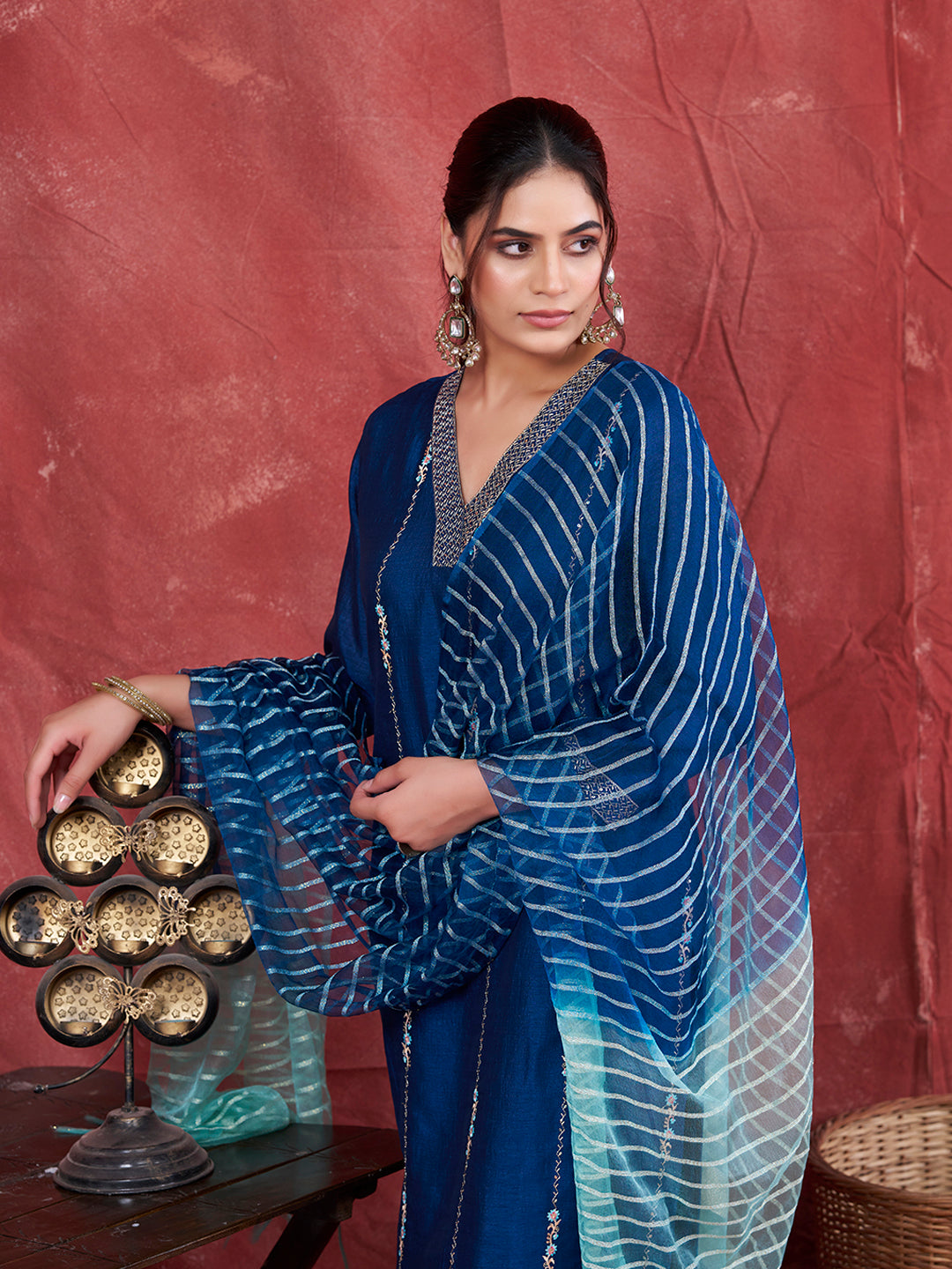 Teal Blue Embroidered Silk Kurta with Dupatta Set