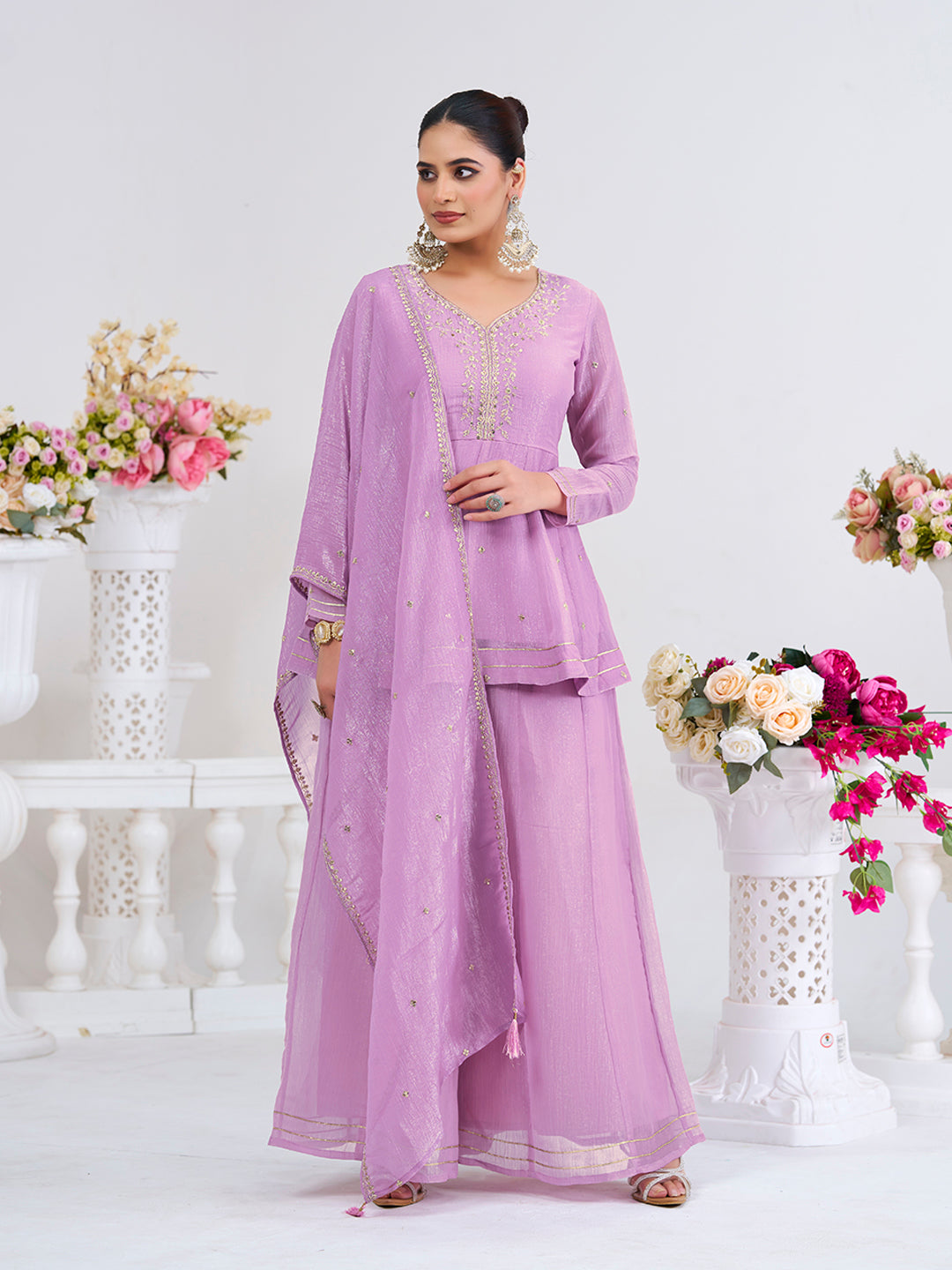 Lavender Embroidered Peplum Top with Sharara Set