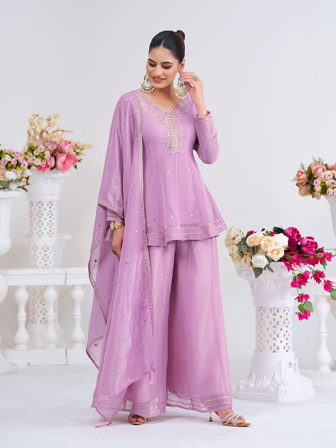 Lavender Embroidered Peplum Top with Sharara Set