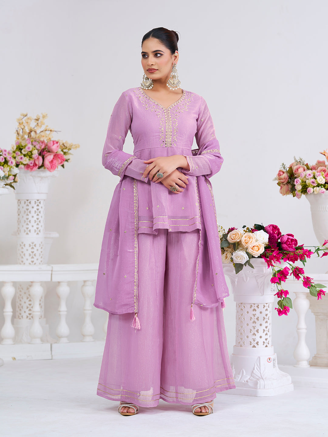 Lavender Embroidered Peplum Top with Sharara Set