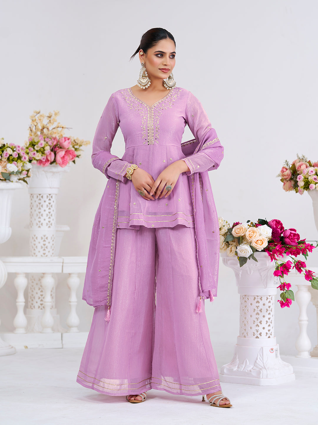 Lavender Embroidered Peplum Top with Sharara Set