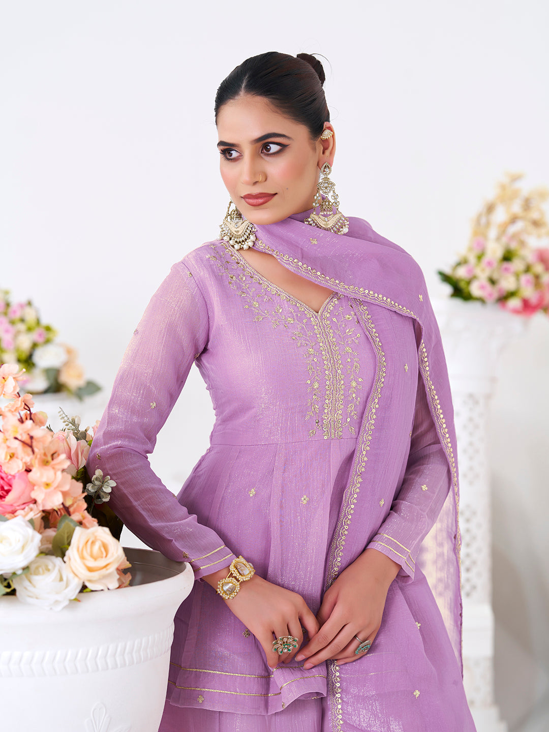 Lavender Embroidered Peplum Top with Sharara Set