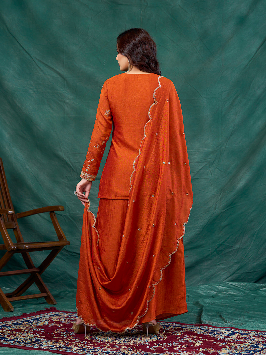 Orange Embroidered Peplum Top with Sharara Set