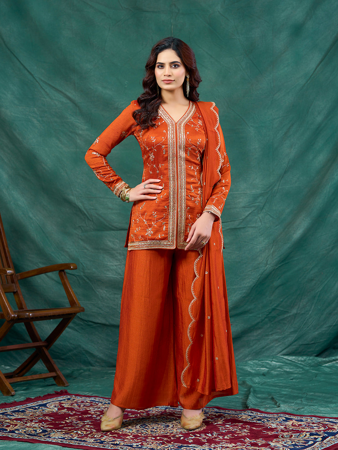 Orange Embroidered Peplum Top with Sharara Set