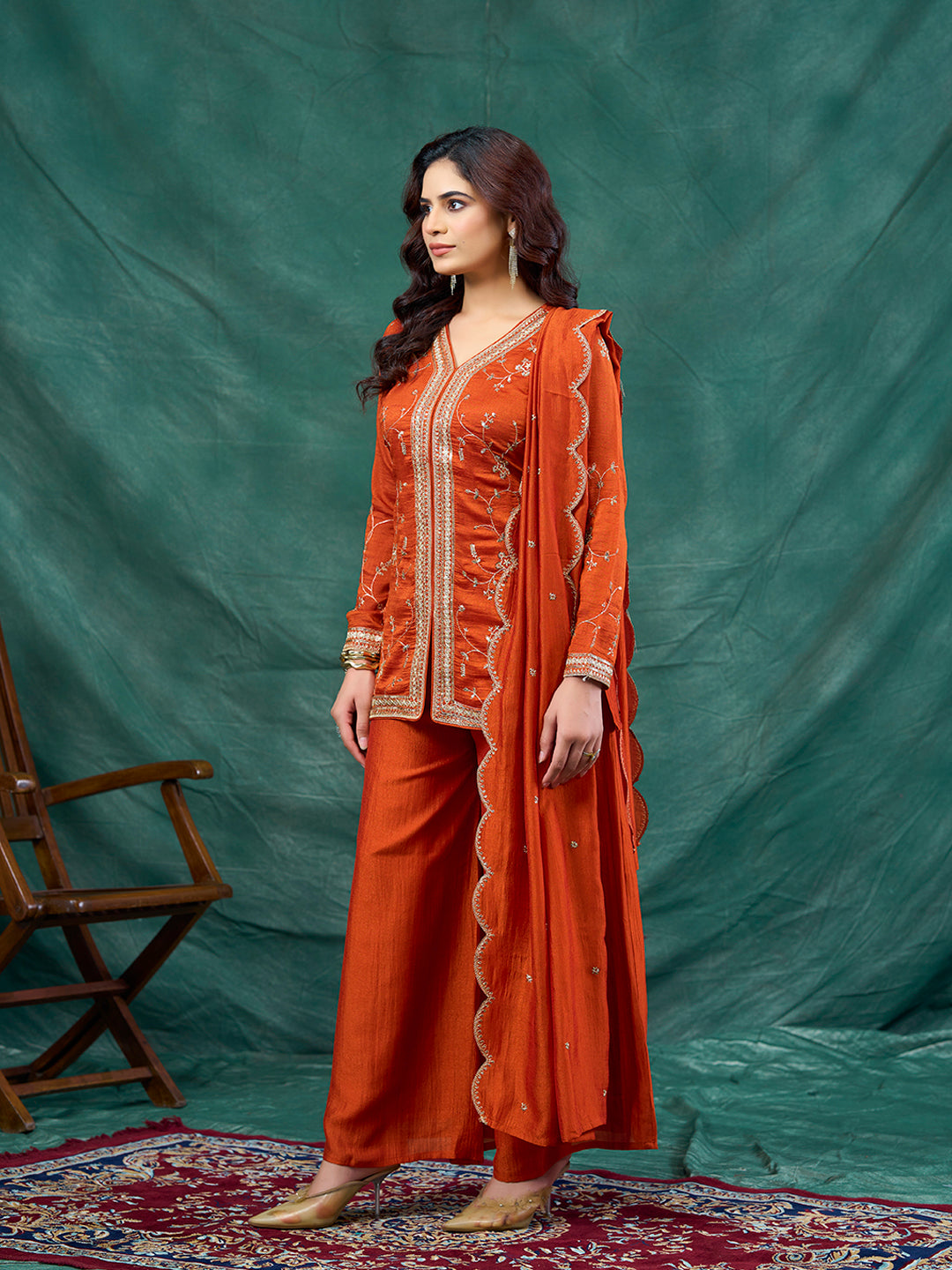 Orange Embroidered Peplum Top with Sharara Set