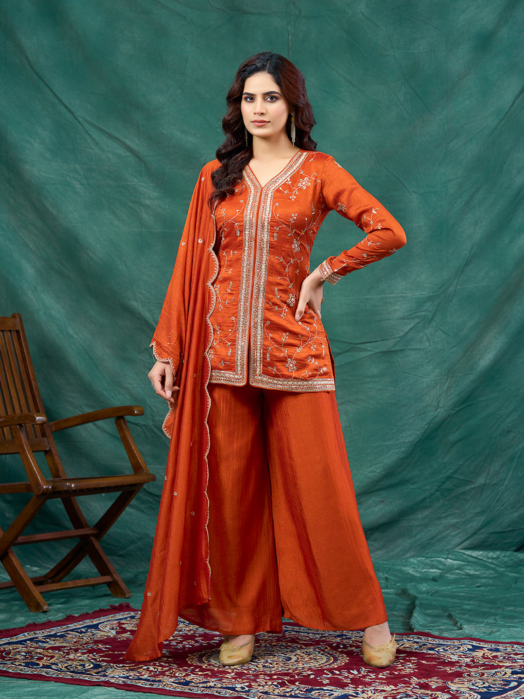 Orange Embroidered Peplum Top with Sharara Set