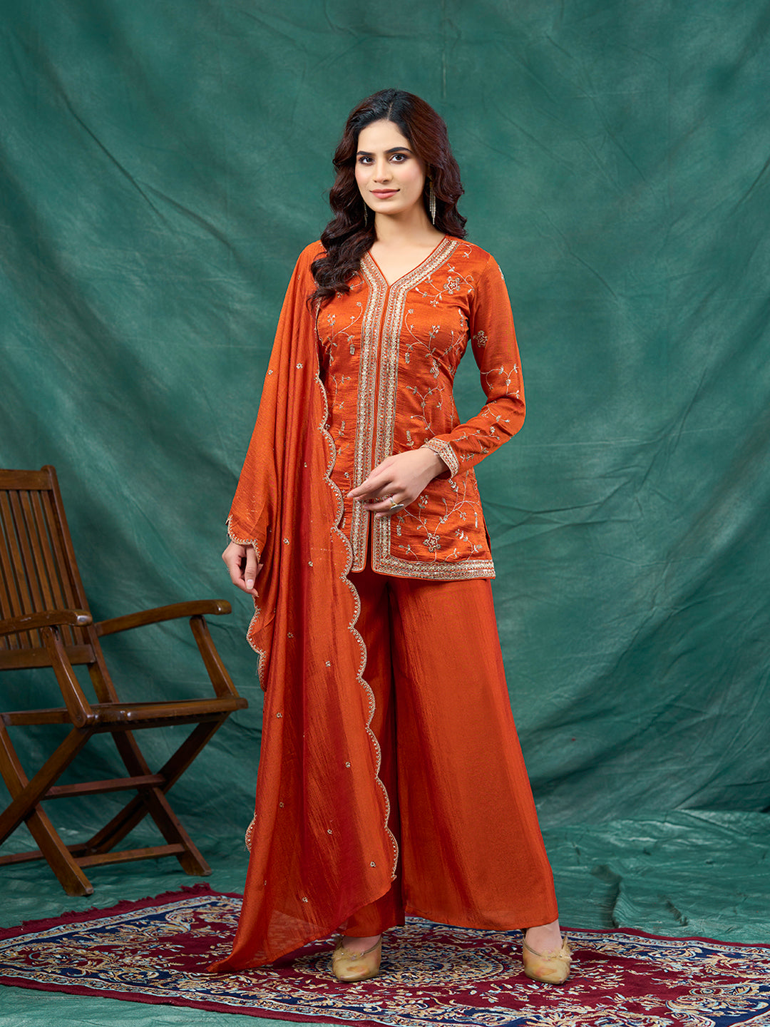 Orange Embroidered Peplum Top with Sharara Set