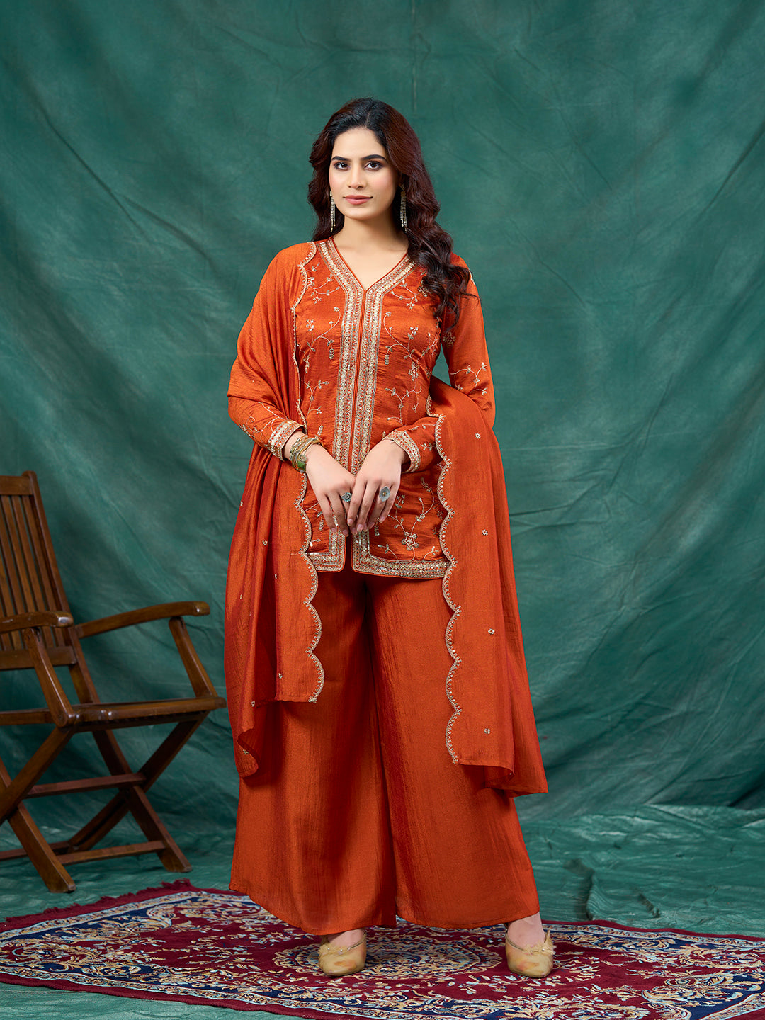 Orange Embroidered Peplum Top with Sharara Set