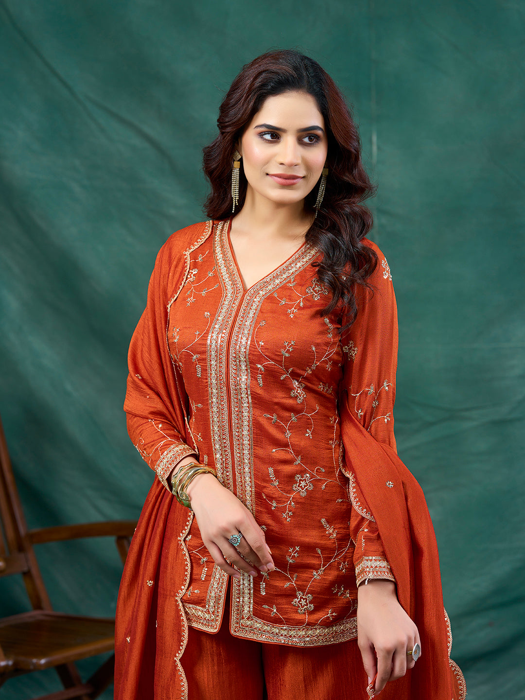 Orange Embroidered Peplum Top with Sharara Set