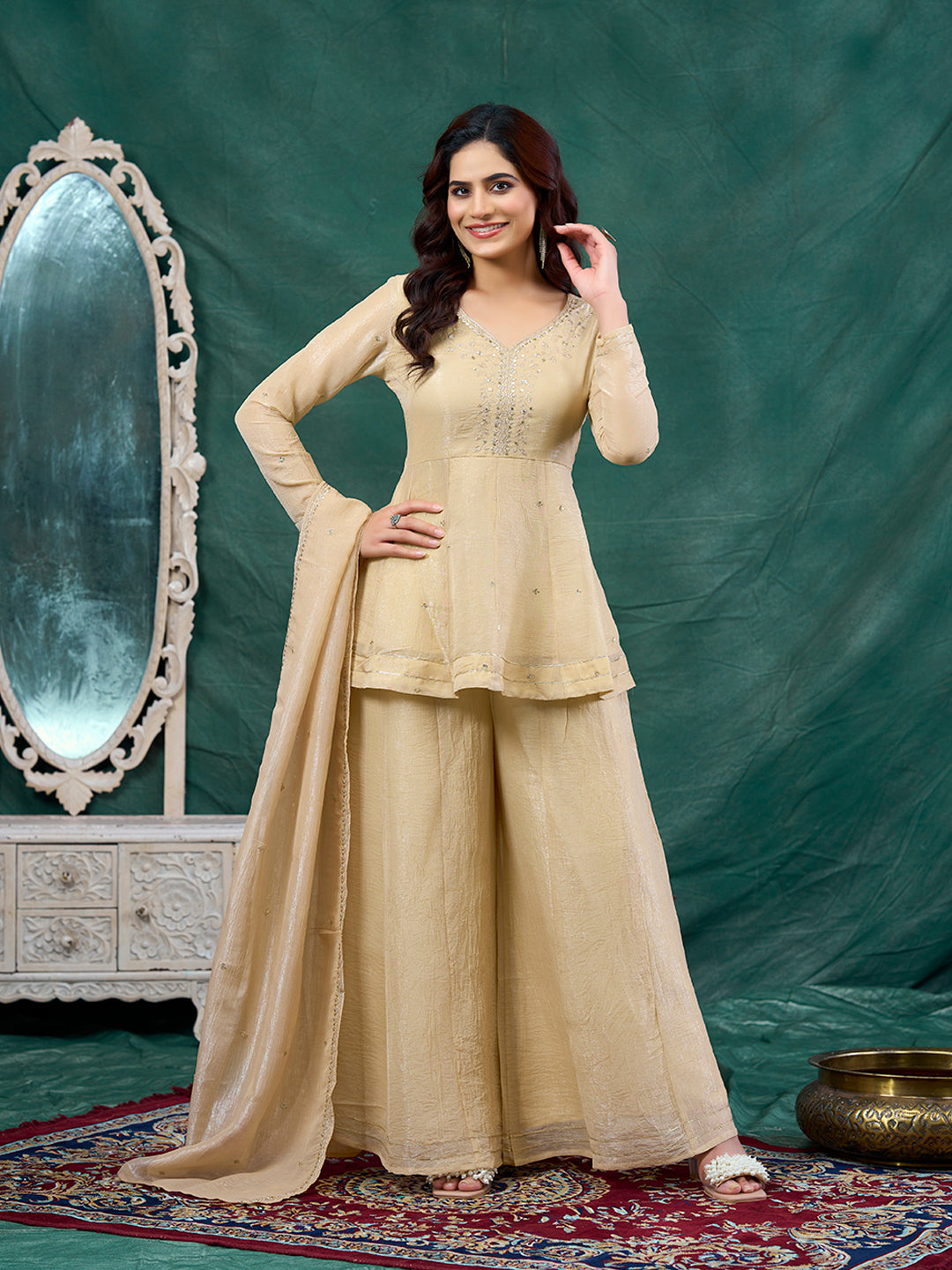 Off White Embroidered Peplum Top with Sharara Set