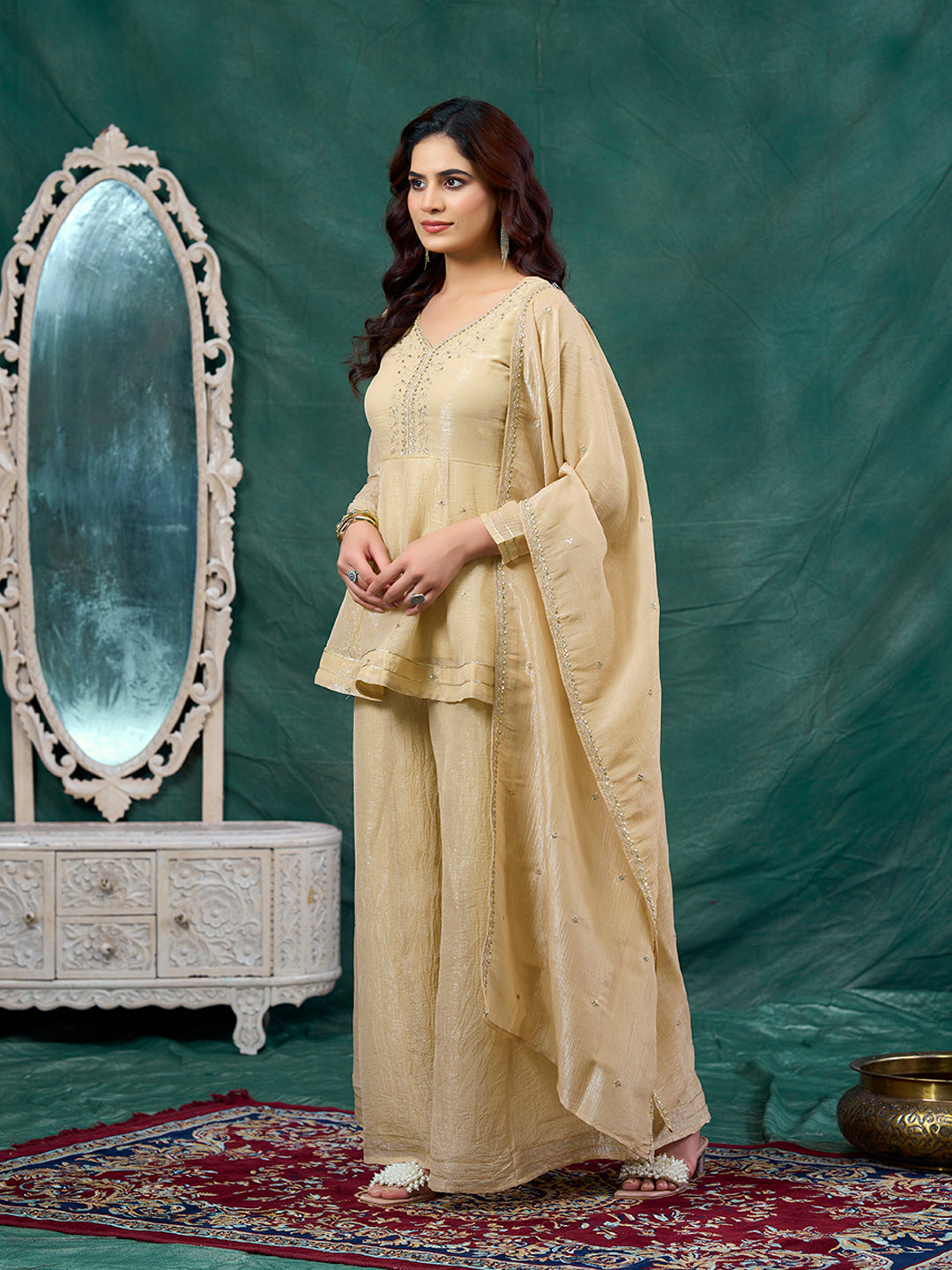 Off White Embroidered Peplum Top with Sharara Set