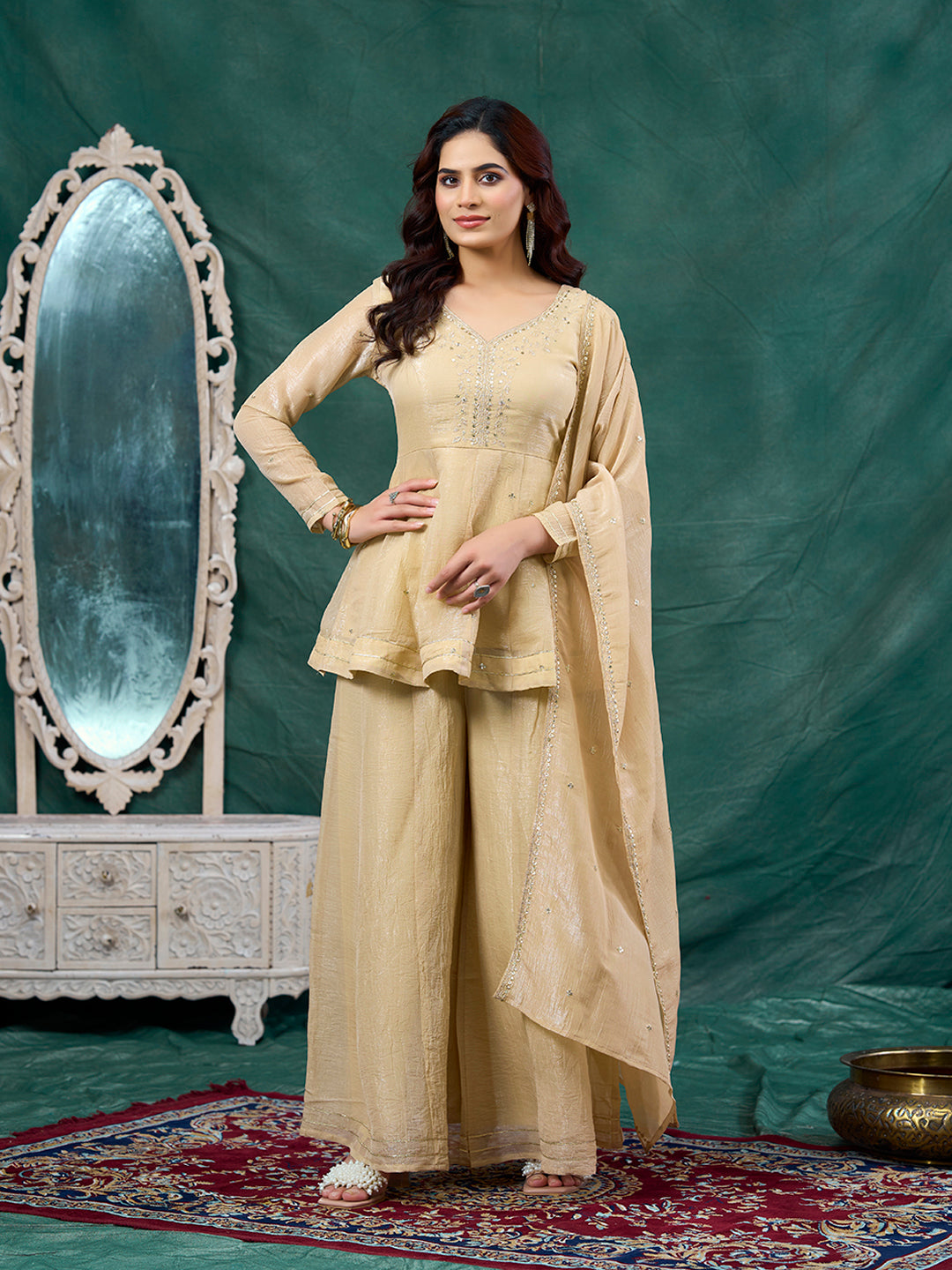 Off White Embroidered Peplum Top with Sharara Set